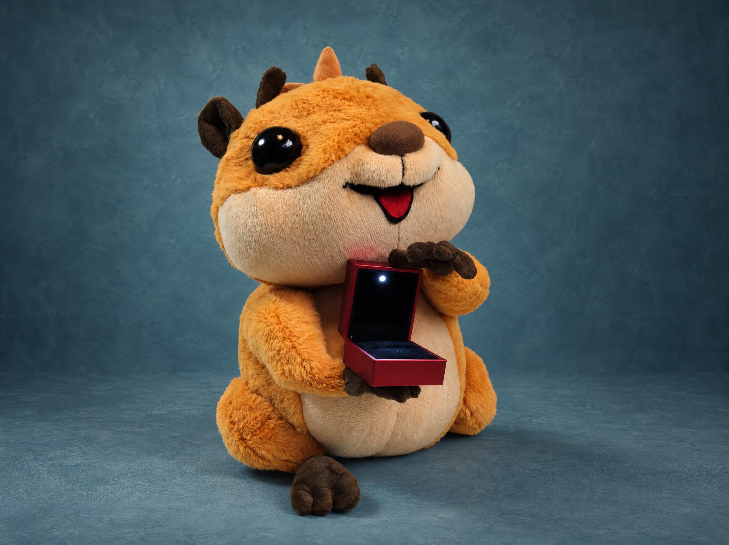 Proposal plush hamster from a messenger sticker, handmade to order, holding an open red ring box with a light