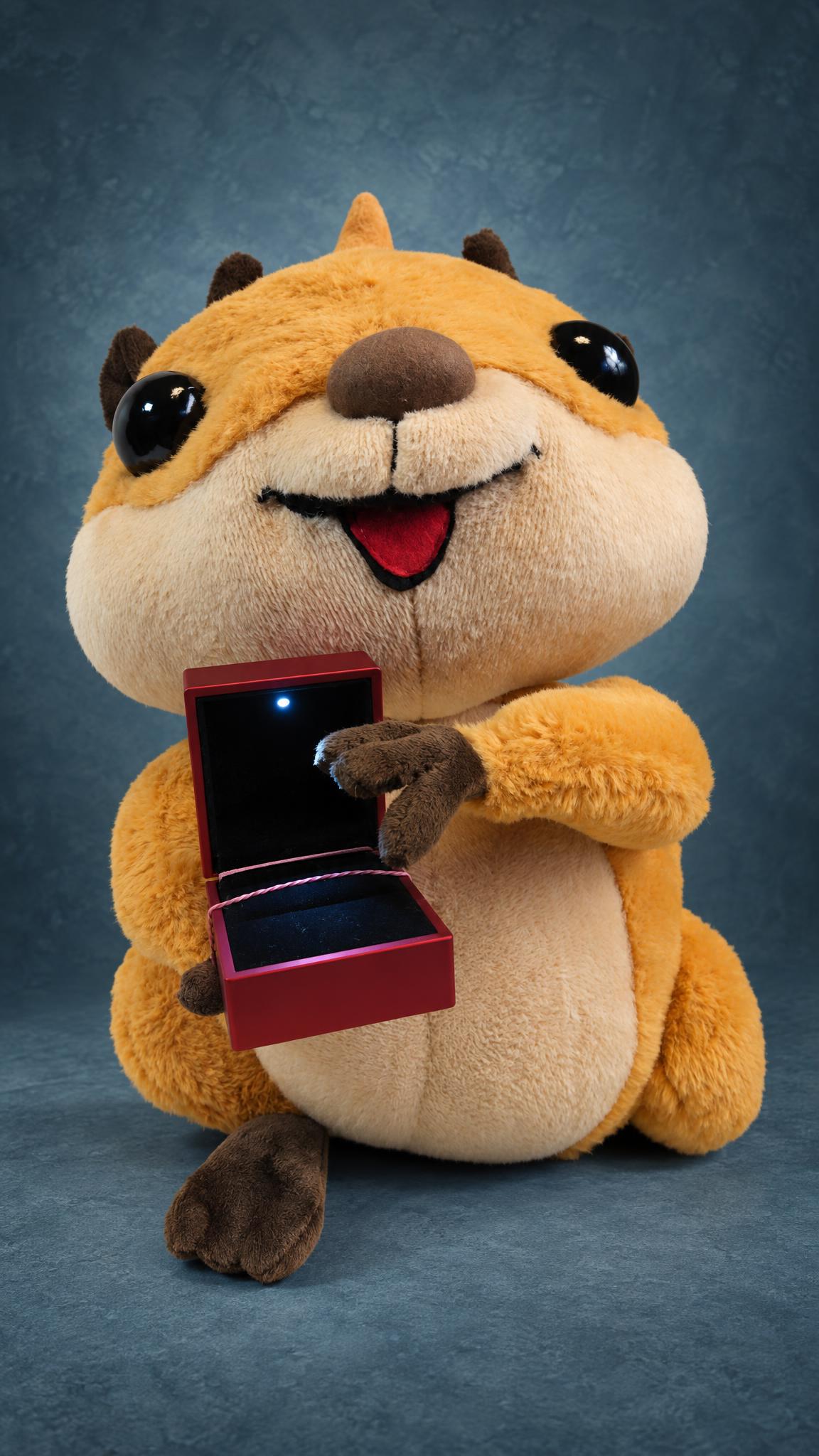 Custom sticker plush hamster offering an open ring box with a small light inside, handmade for a proposal