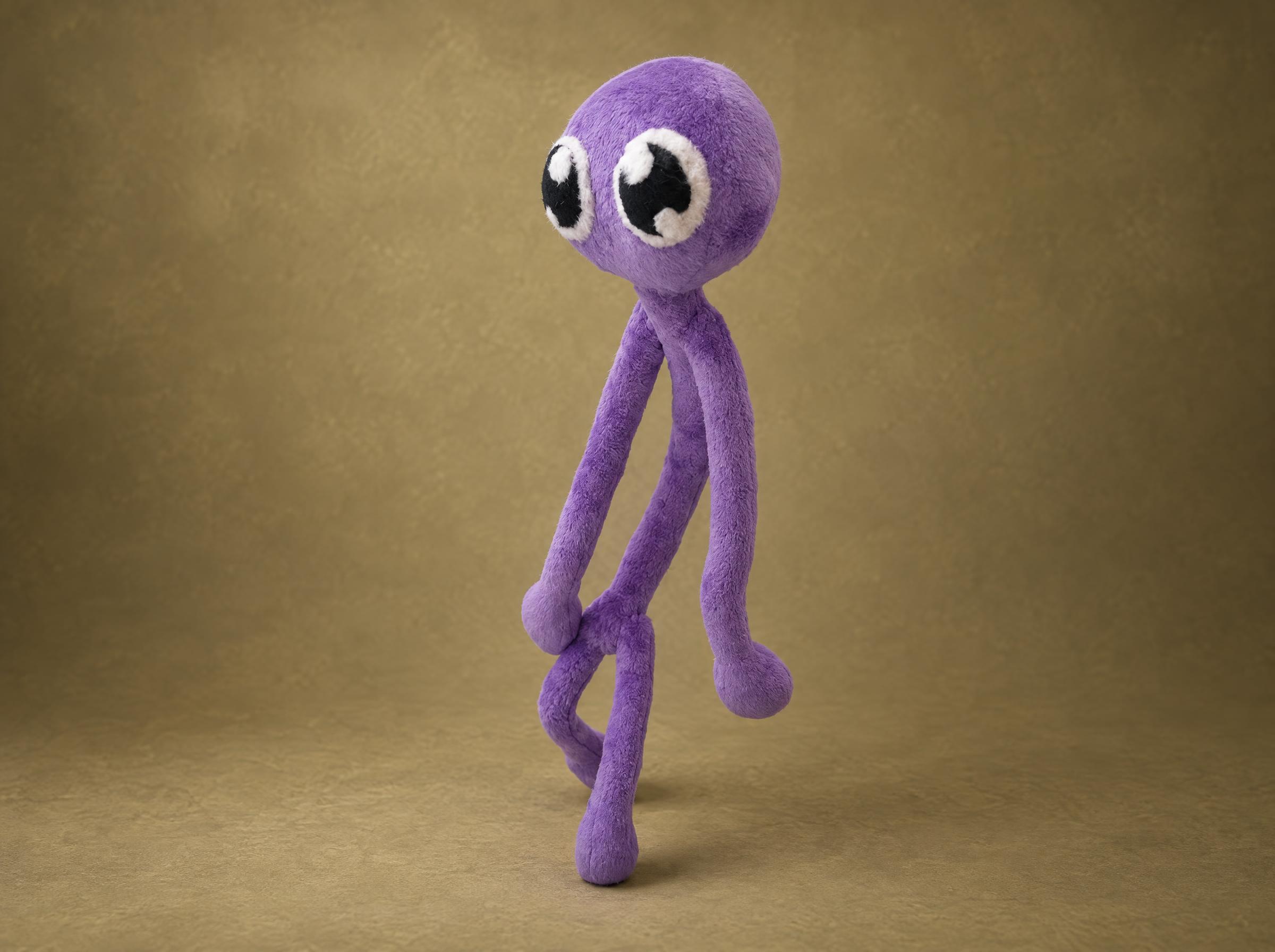 Purple plush toy from a drawing Handmade purple plush from a drawing, a Roblox Rainbow Friends fan toy with oversized eyes and long skinny arms