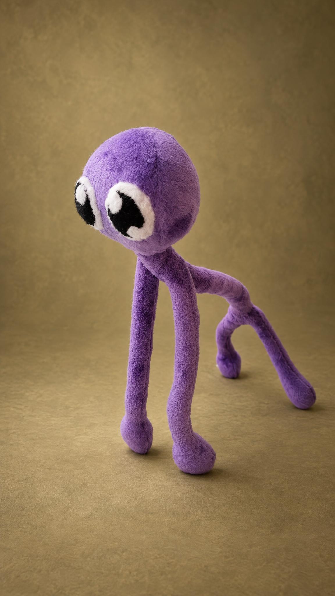 Custom Rainbow Friends Purple plush with big black and white eyes and long skinny limbs, handmade from a drawing