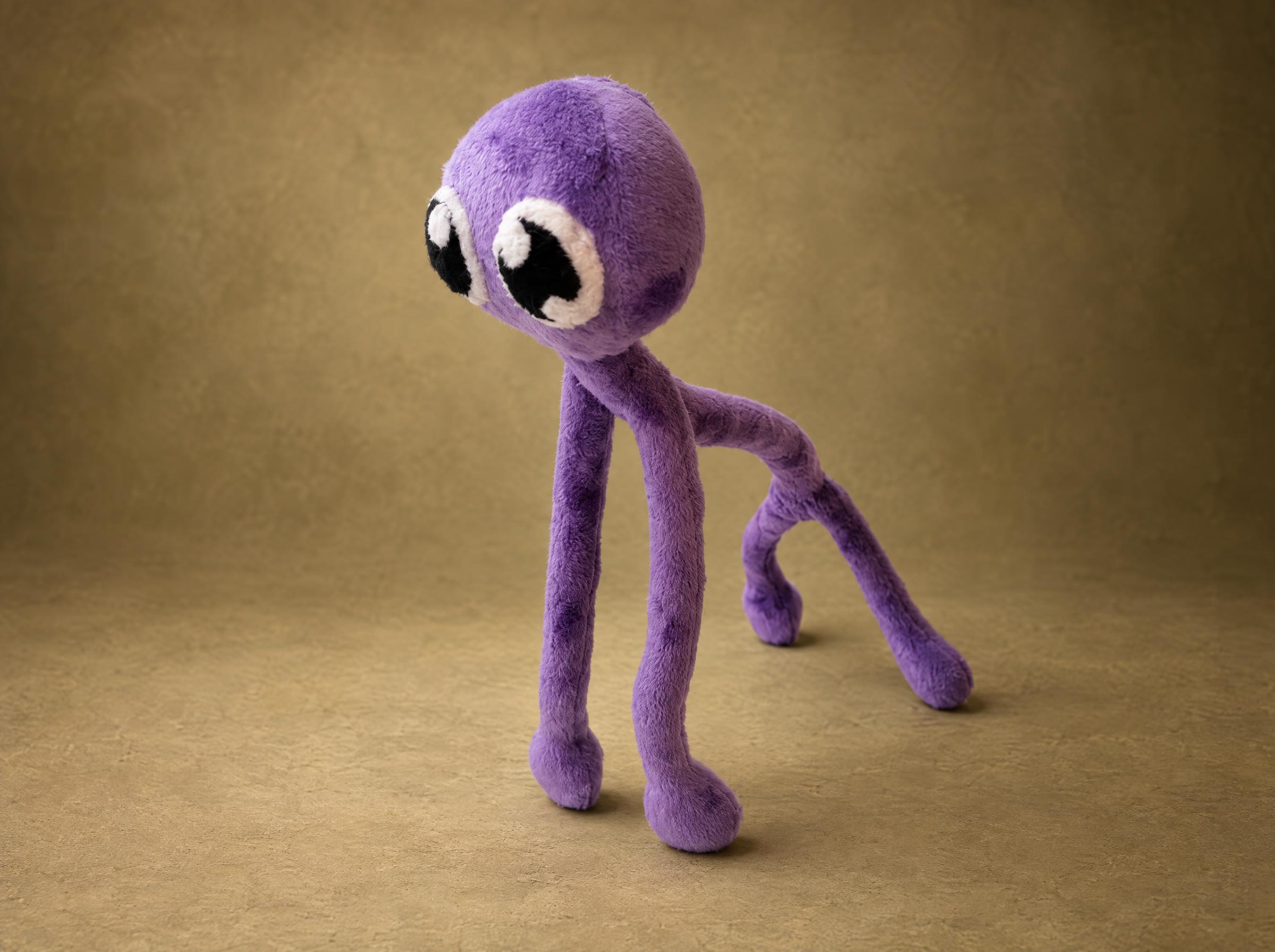 Purple Rainbow Friends plush sewn to order from a drawing: lavender plush, huge white-ringed eyes, long thin legs