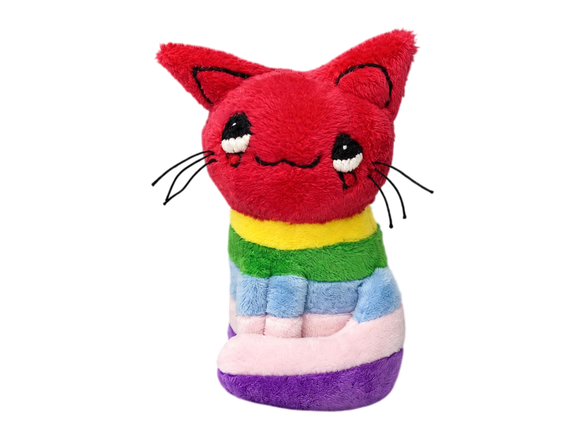 Rainbow Kitty custom plush made to order from a child's drawing: red cat head, rainbow striped body, handmade