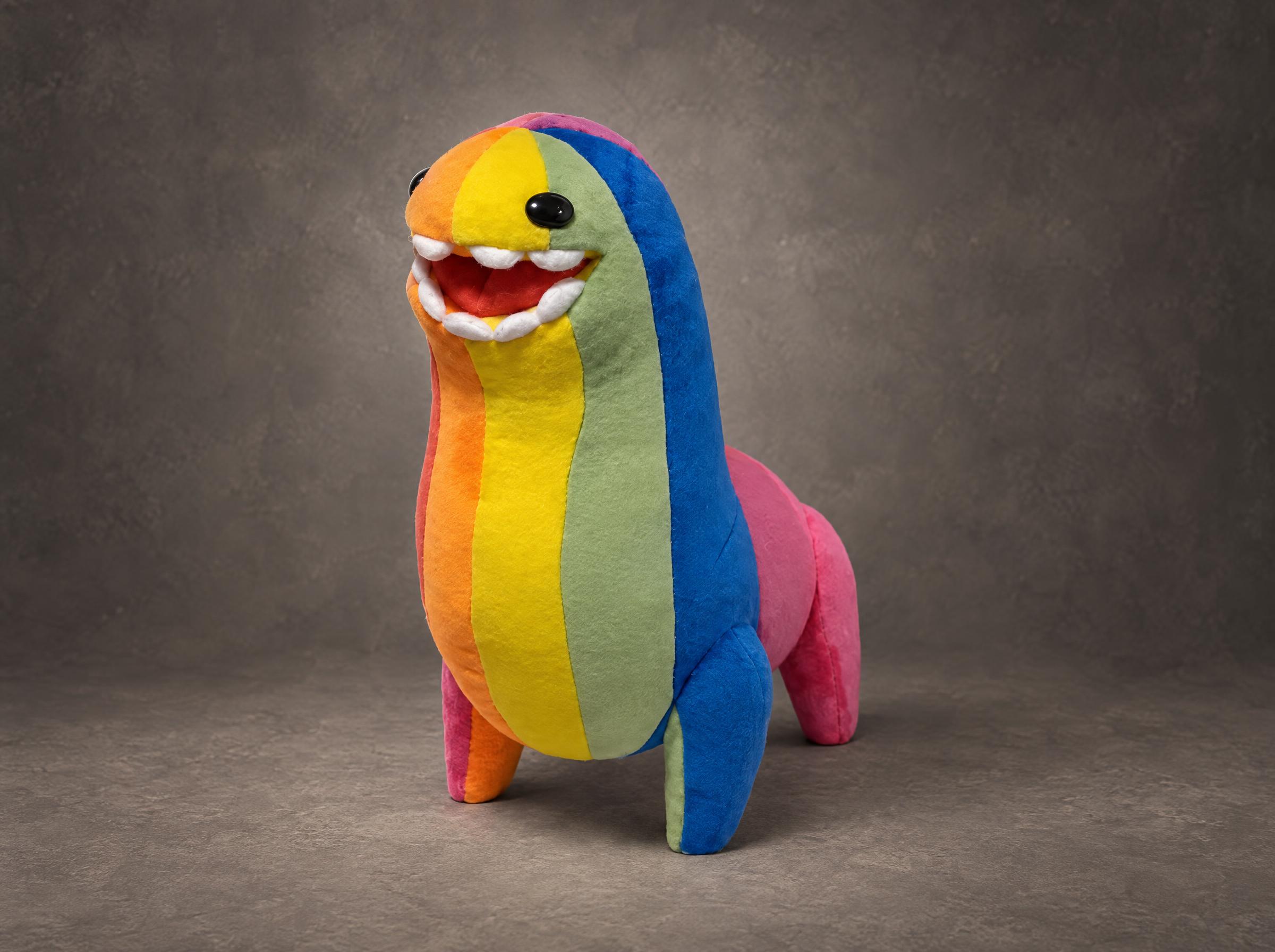Rainbow monster plush made to order from a drawing: long neck, toothy grin, four stubby legs in rainbow colours