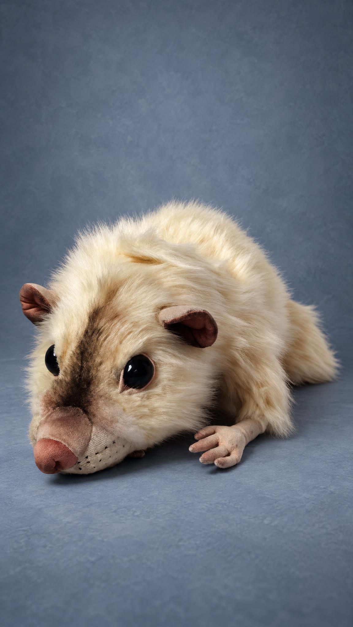 Handmade mouse plush lying down with glossy black eyes, felted ears and cream faux fur, a custom giant plush