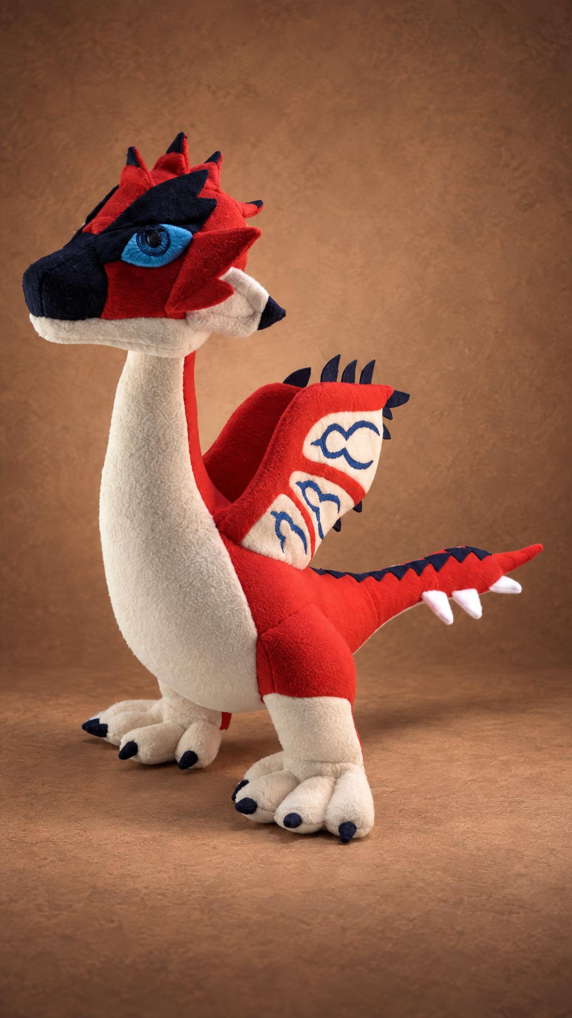 Rathalos plush made to order, red fleece wyvern with navy crest and blue eye