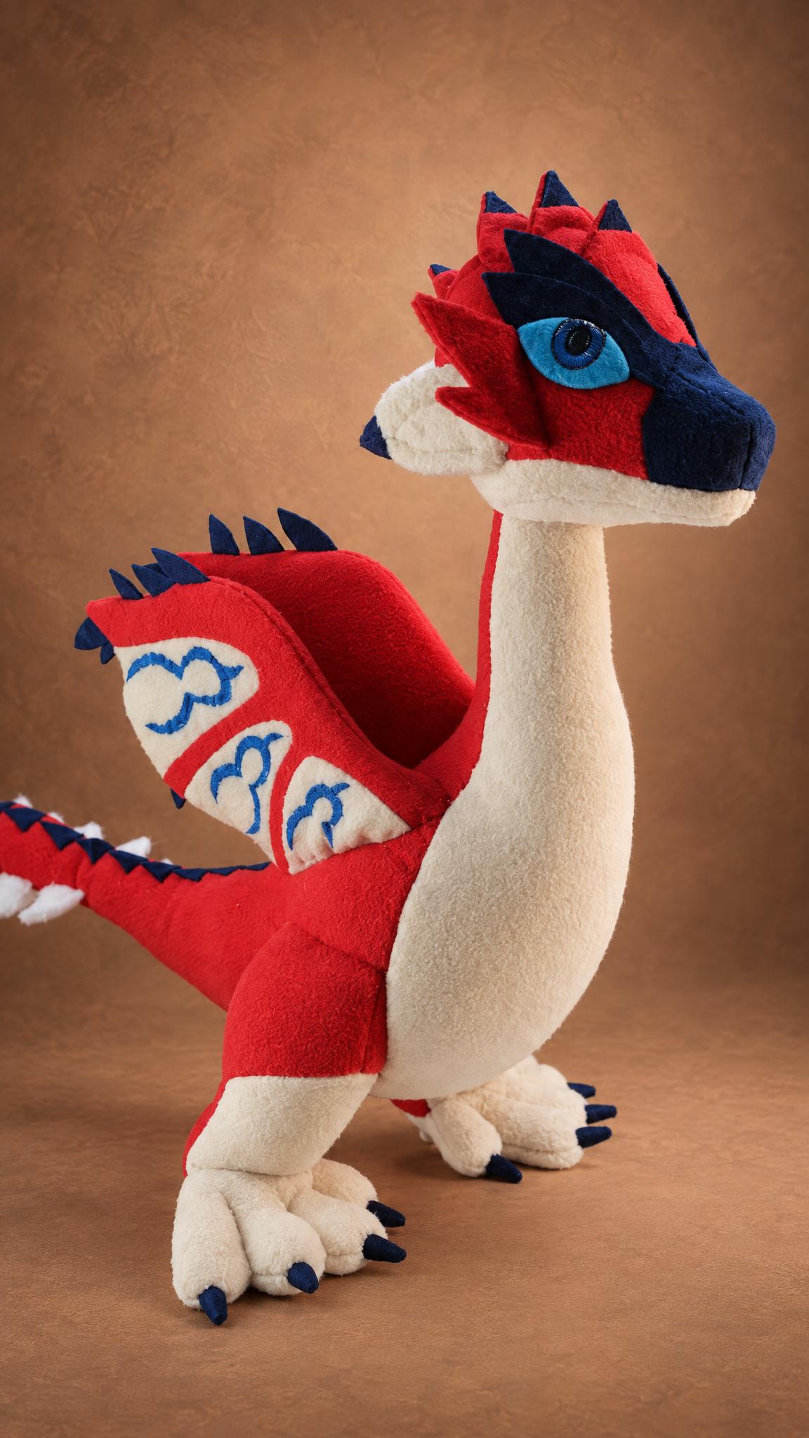 Rathalos plush side profile, stitched wing patterns and navy spikes, made to order