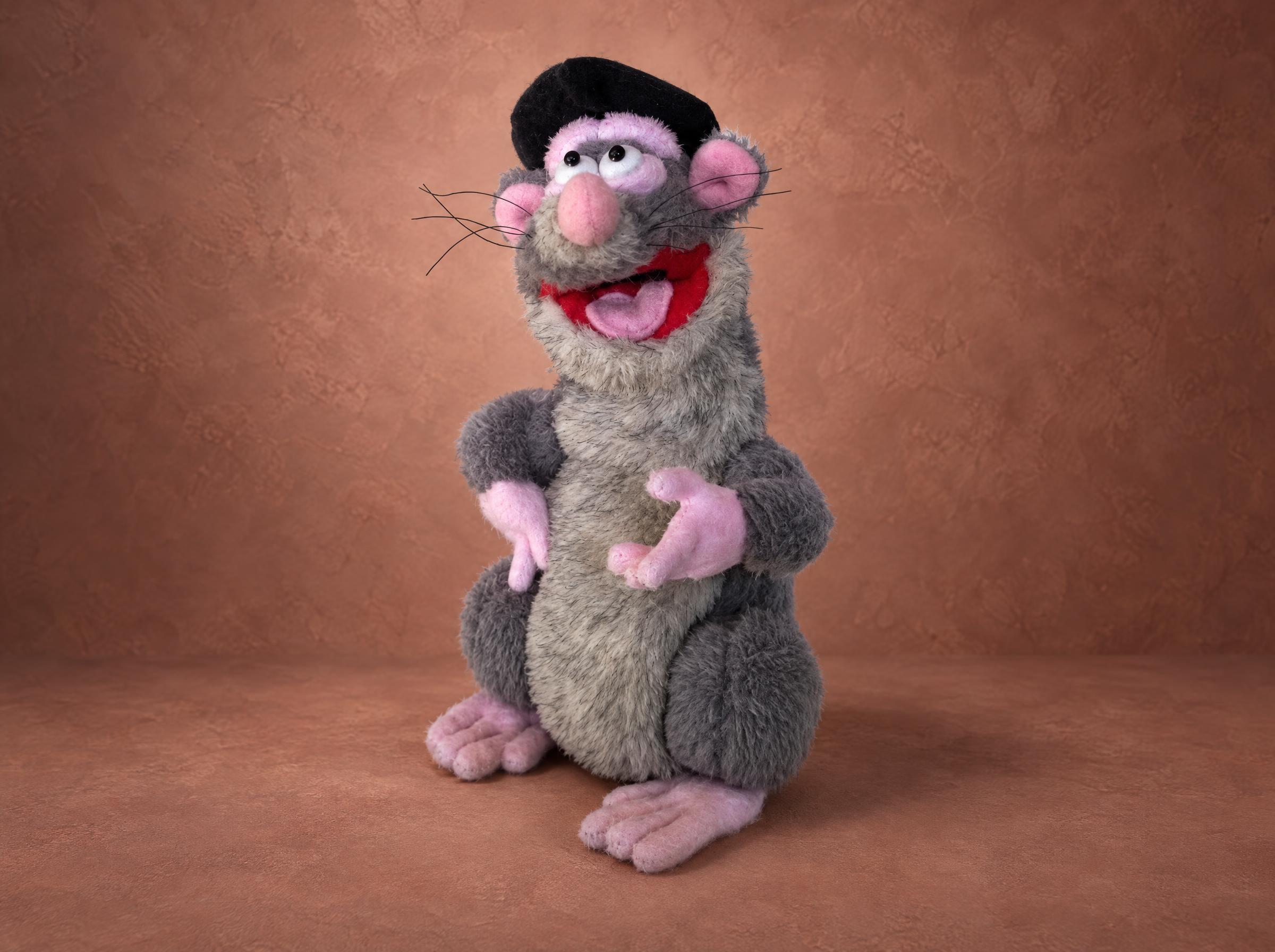Rattus Rattus plush from Horrible Histories, grey faux fur rat with a black cap and red mouth, sewn to order