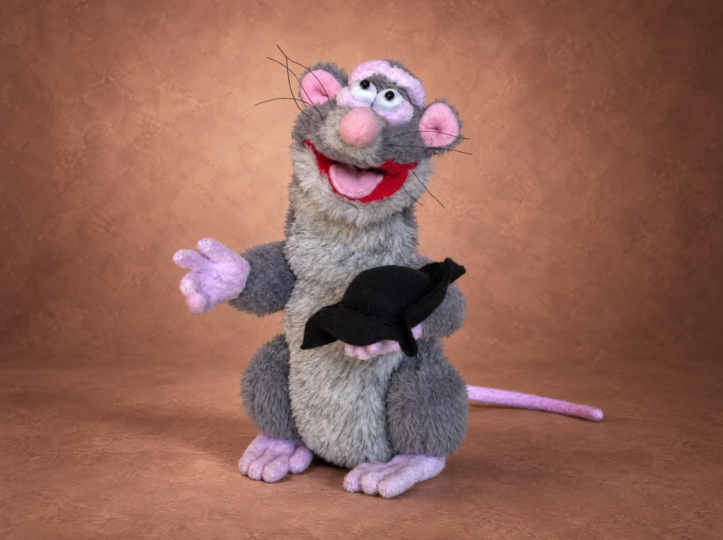 Rattus Rattus plush, the cap comes off Rattus Rattus plush holding his removable black cap, a Horrible Histories rat sewn by hand to order