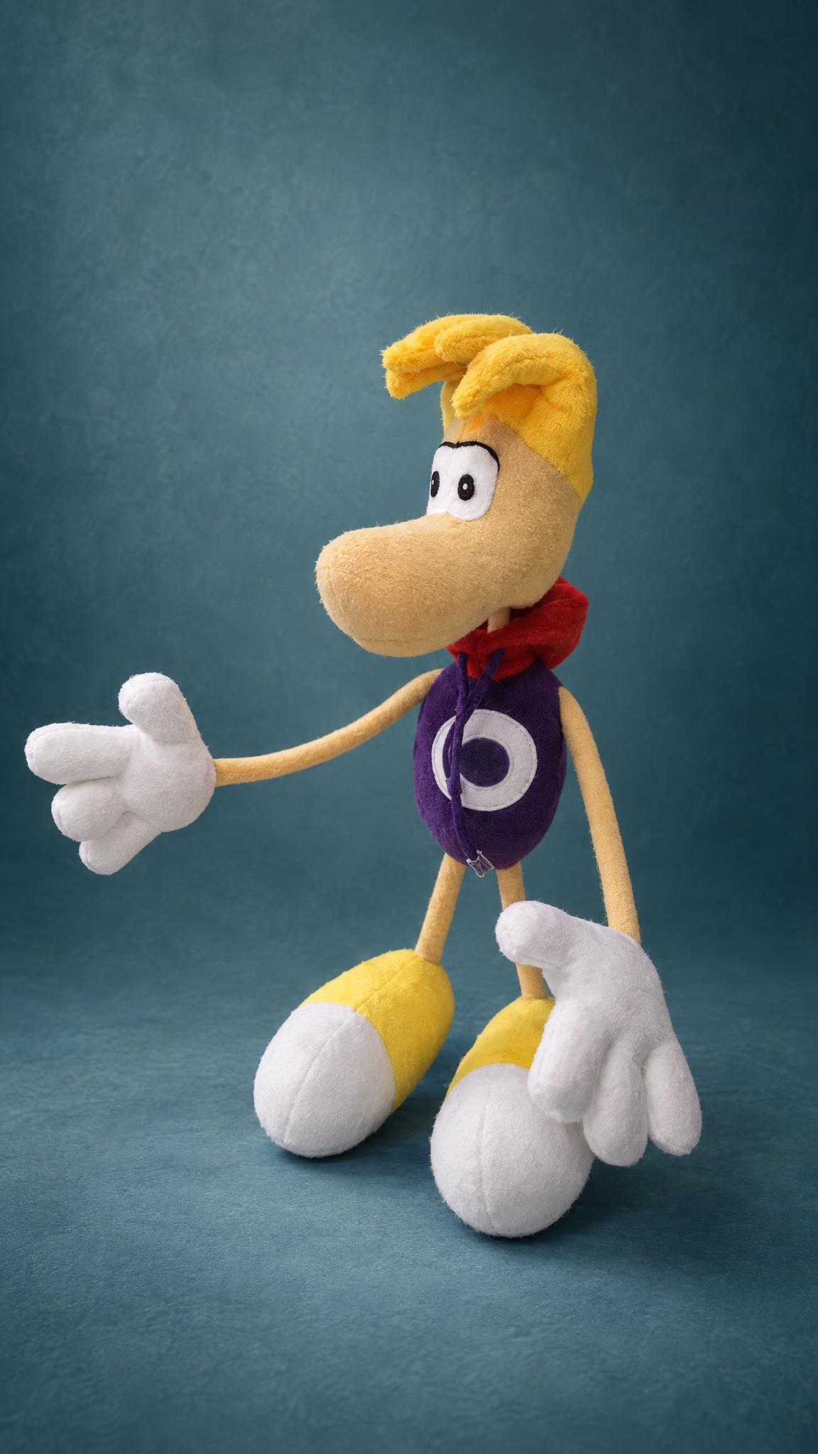 Custom Rayman plush, handmade to order with yellow hair, a red hood, a purple body and floating white gloves