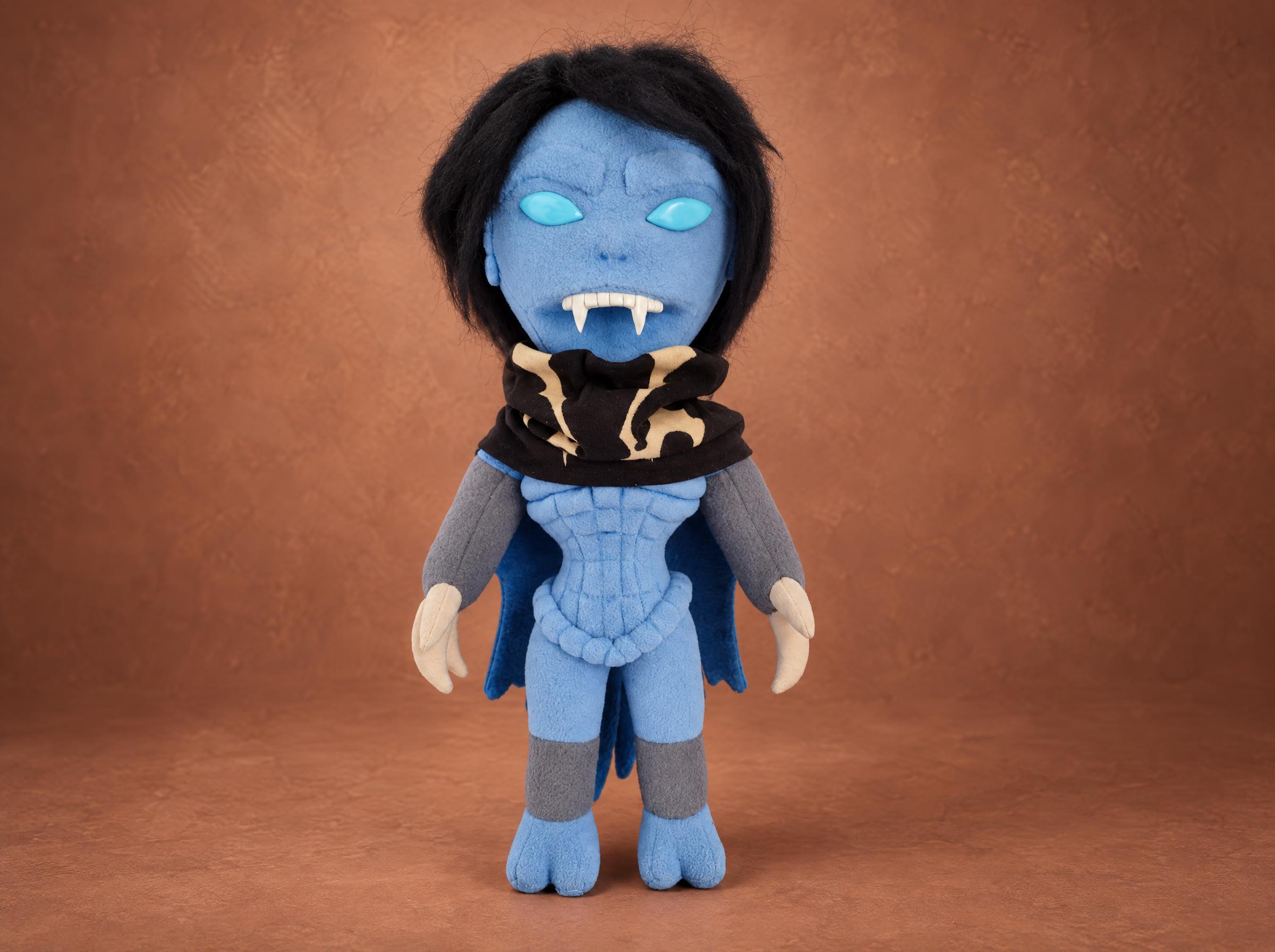 Handmade Raziel plush from Legacy of Kain, sewn to order with glowing cyan eyes, fangs and a black patterned cowl