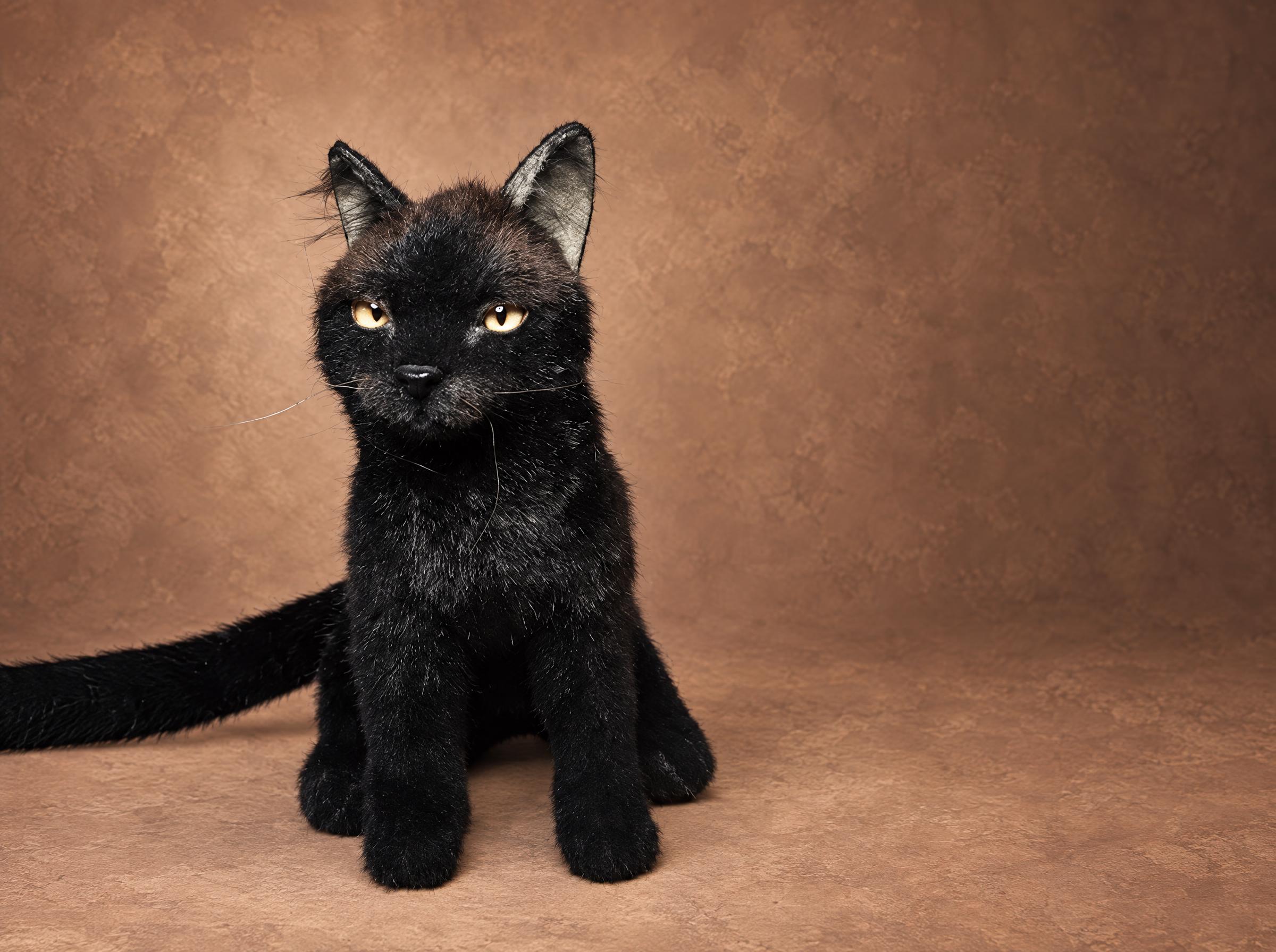 Realistic black cat plush, handmade to order: long black faux fur, amber eyes, sitting with its long tail out