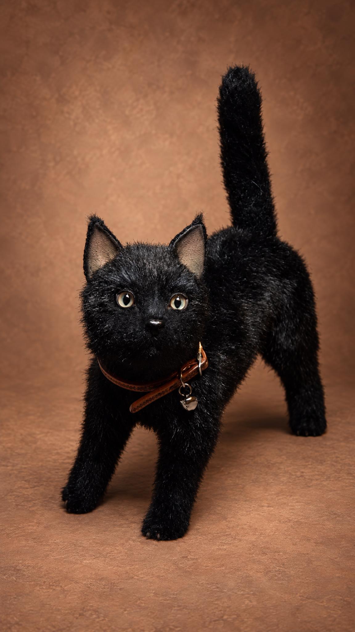 Lifelike black cat stuffed animal with green eyes and a collar with a bell, handmade to order, poseable