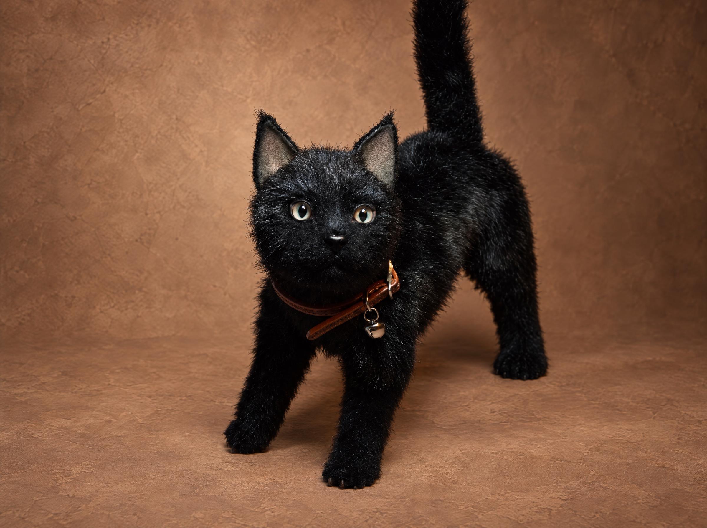 Realistic black cat plush standing with its tail up, pale green eyes and a leather collar with a bell, poseable, made to order
