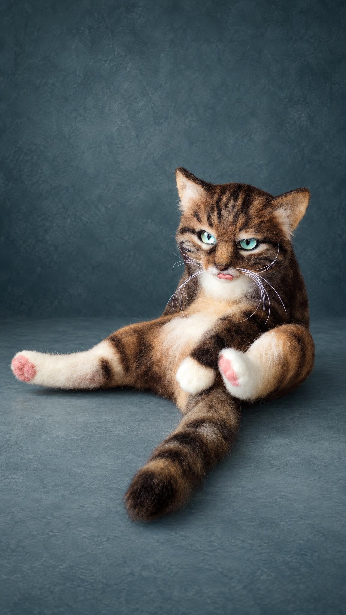 Realistic felted cat made to order: striped tabby with ginger belly, white paws and pink toe pads
