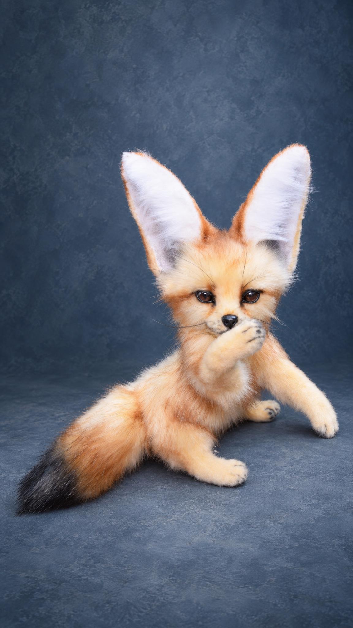 Realistic fennec plush lying with one paw to its nose, long whiskers and ginger coat, sewn to order