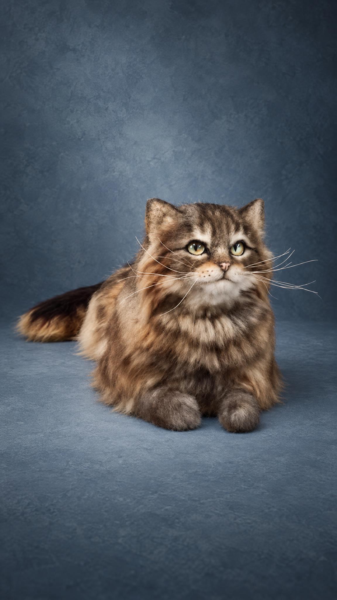 Lifelike long-haired tabby cat stuffed animal lying down, striped brown and cream coat, handmade to order
