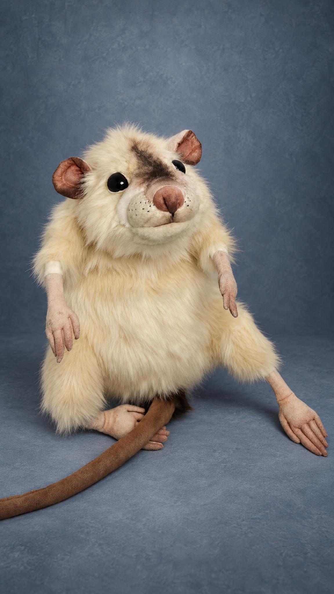 Giant stuffed mouse sitting up, cream fur, black glass eyes and hand-sculpted paws, a custom plush made to order