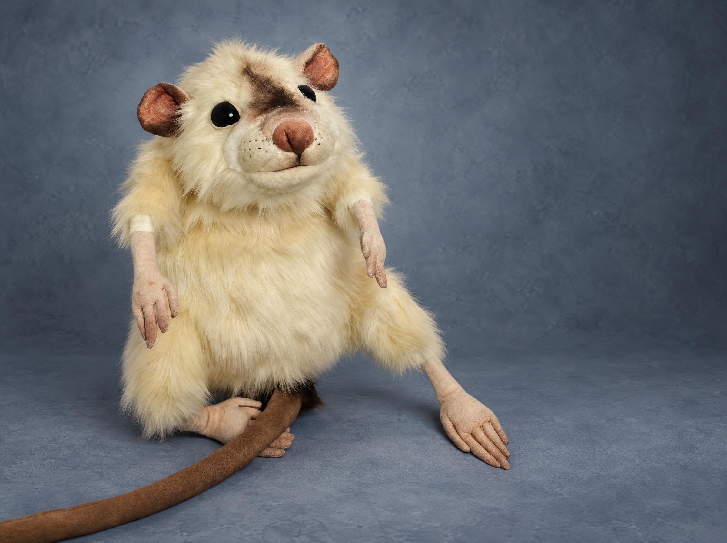 Realistic mouse plush, handmade to order: shaggy cream faux fur, brown eye patch, sculpted pink hands and a long tail