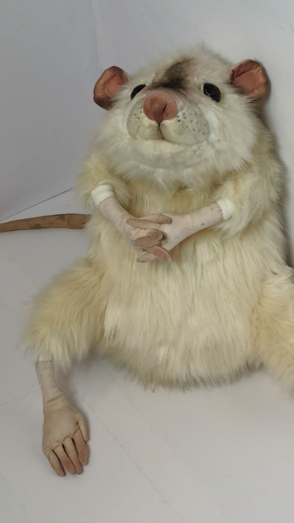 Realistic mouse plush sitting with its sculpted paws folded, cream faux fur and a brown tail, made to order