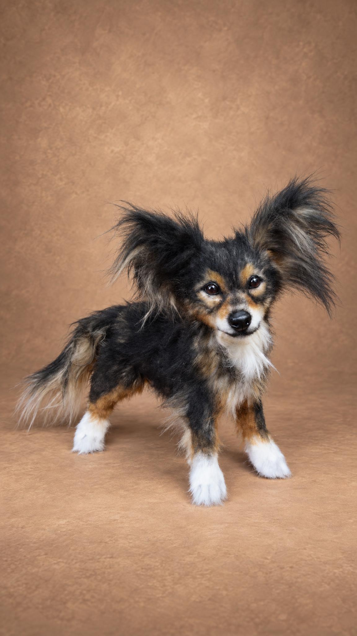 Custom realistic dog plush standing, black coat, tan cheeks and white paws, handmade from the owner's photo