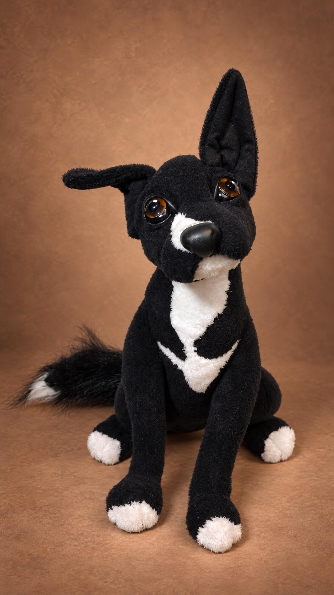 Custom dog plush of a real pet: black and white Lucky with brown glass eyes and a white-tipped tail, handmade