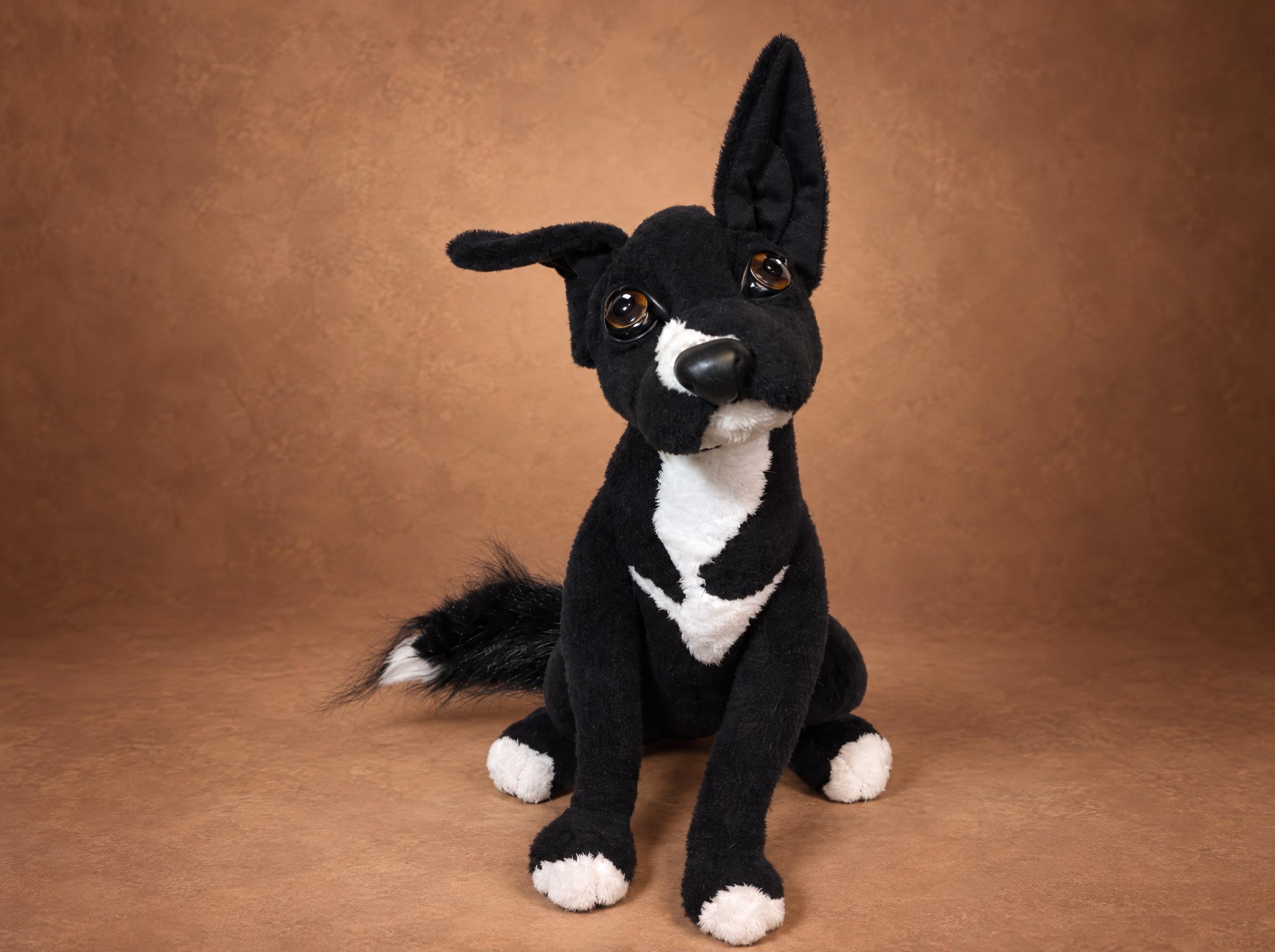 Realistic stuffed dog Lucky, a black plush replica of a client's pet with a white chest, one ear up, made to order