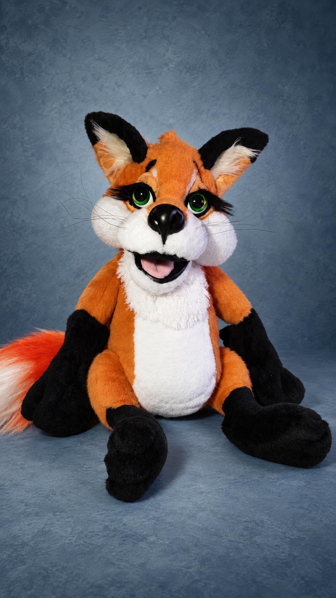 Custom fox plush sewn by hand from a drawing, ginger with green eyes and a white-tipped tail