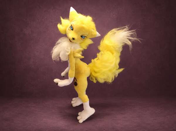 Custom Renamon doll from Digimon, handmade to order with a fluffy faux-fur tail and hand-painted blue eyes
