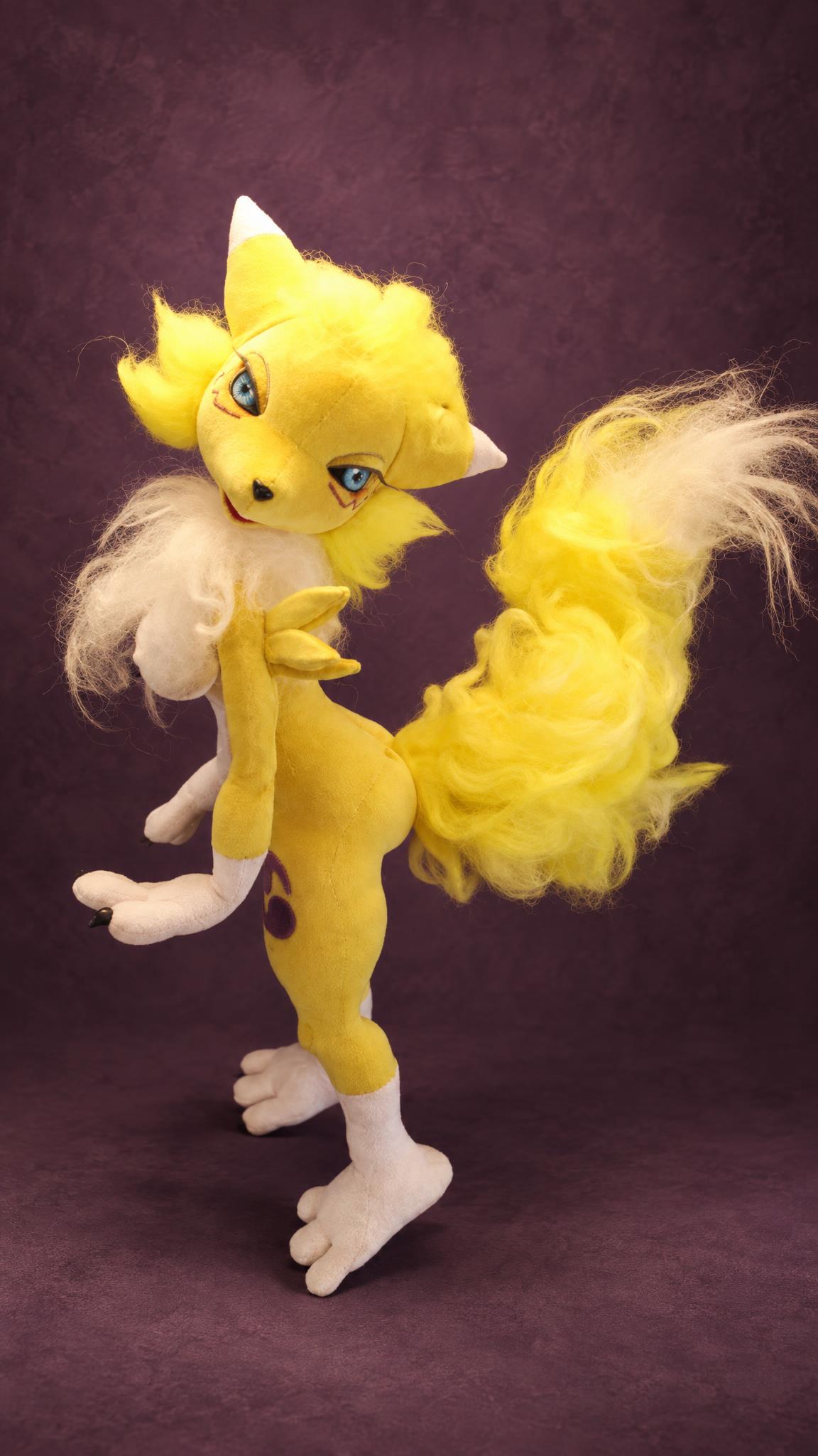 Custom Renamon plush doll from Digimon, handmade to order with a fluffy faux-fur tail and hand-painted blue eyes