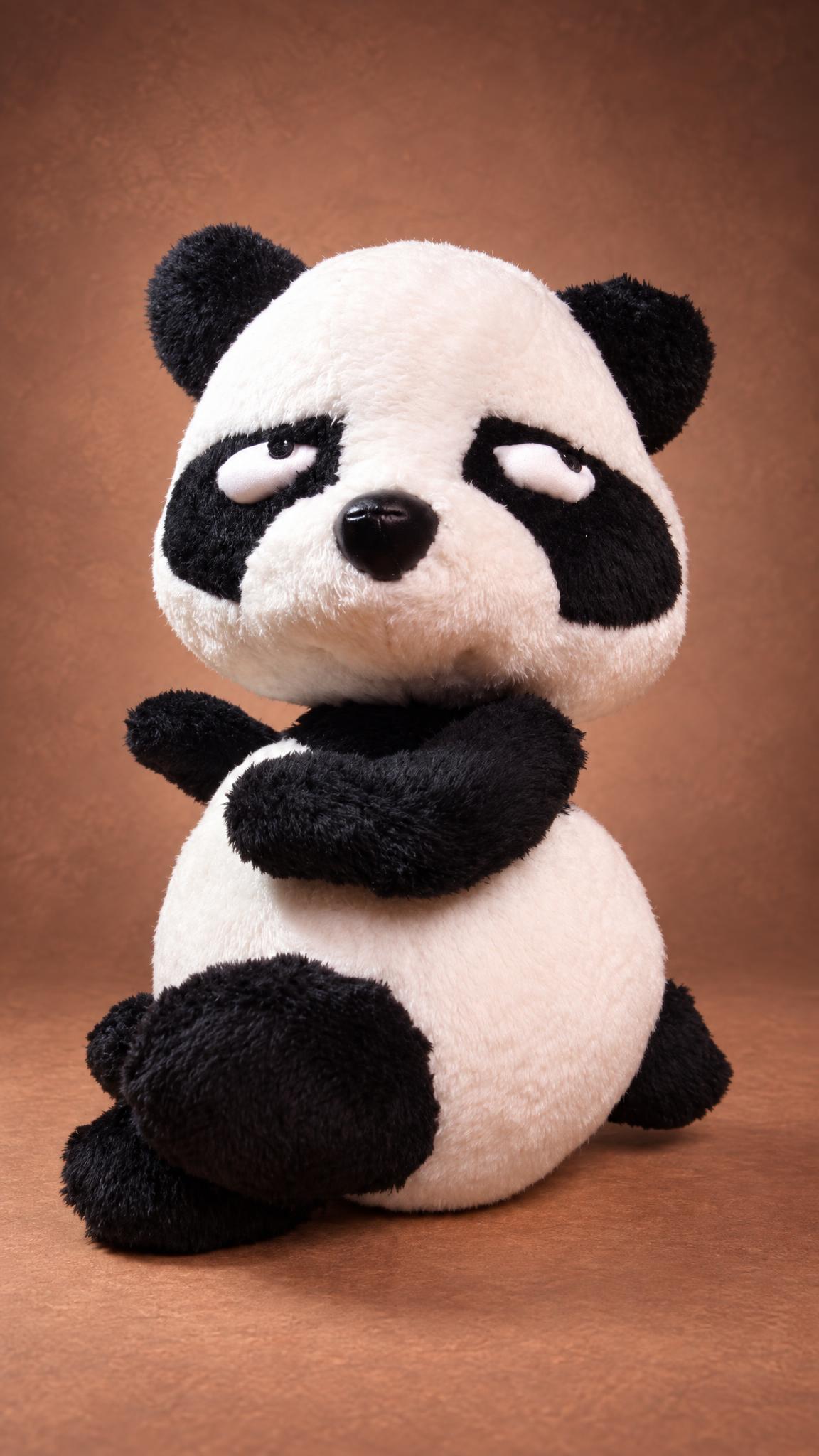Resentful panda sticker plush with crossed arms and half-closed eyes, sewn by hand to order