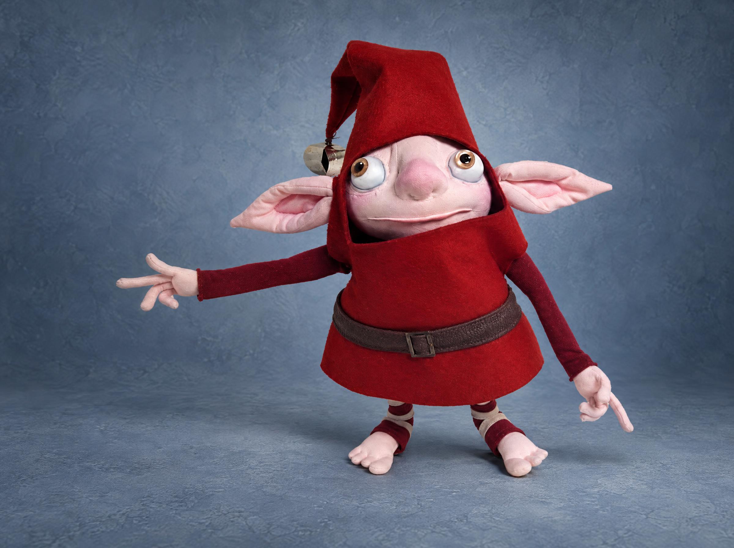Rise of the Guardians elf plush in a red pointed hat and tunic with big pink ears, sewn by hand to order