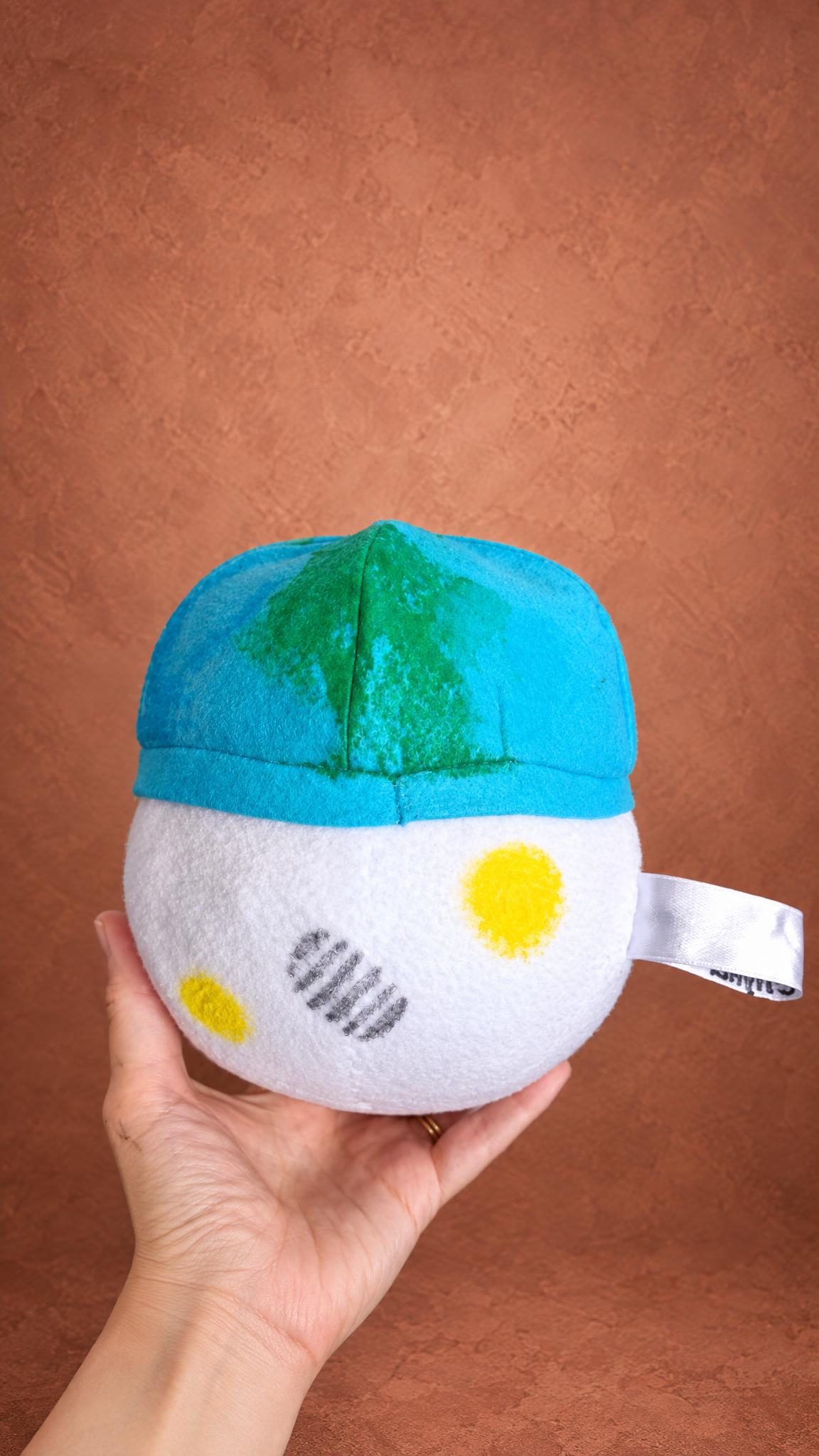 Rise plush from Artemis II, made to order: moon footprint and yellow craters on white plush, Earth cap