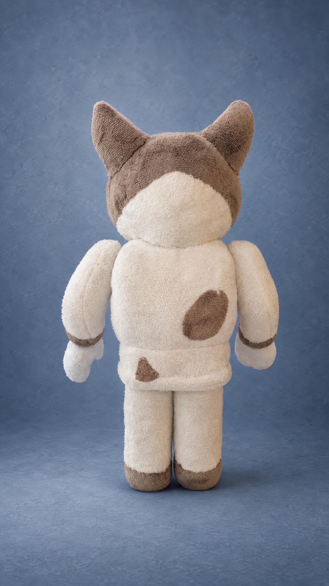 Custom Roblox cat plush with two taupe spots on its cream back and taupe ears, a Roblox avatar plush made to order