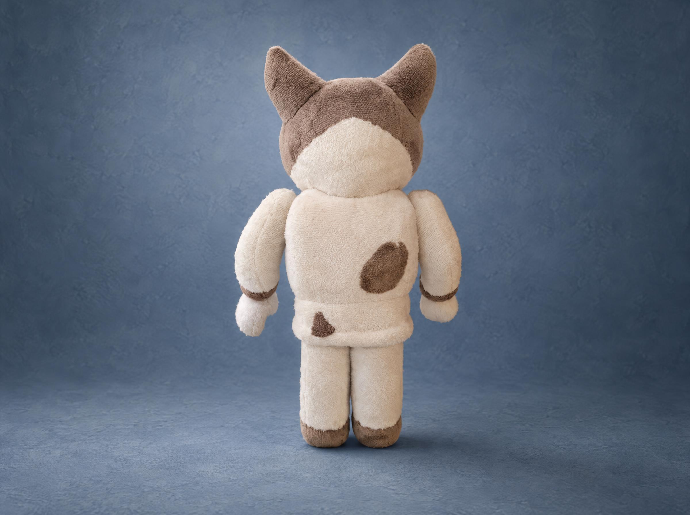 Roblox Cat Plush, Taupe Spots Custom Roblox cat plush with two taupe spots on its cream back and taupe ears, a Roblox avatar plush made to order