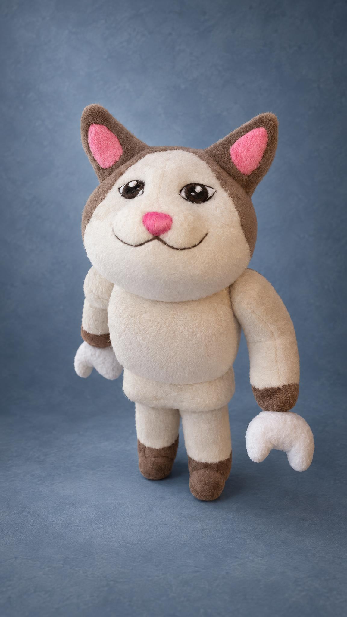 Custom Roblox cat plush, handmade to order in cream fleece with taupe patches, pink ears and a smile