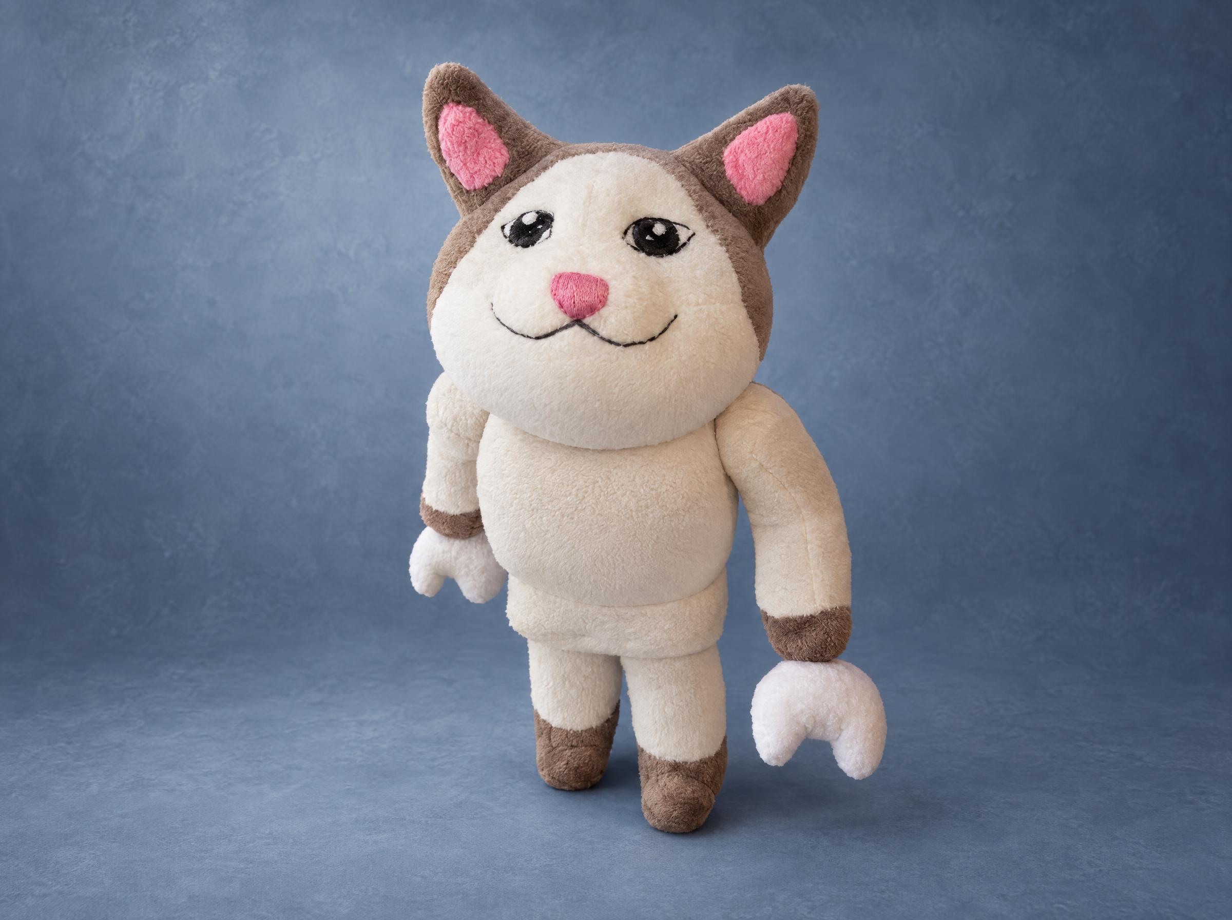 Custom Roblox cat plush, handmade to order in cream fleece with taupe patches, pink ears and a smile