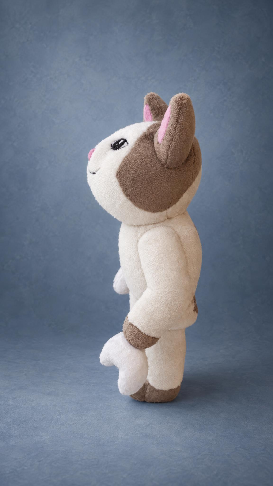 Handmade Roblox cat plush with taupe ears and a taupe head patch on a cream blocky body, a custom avatar toy
