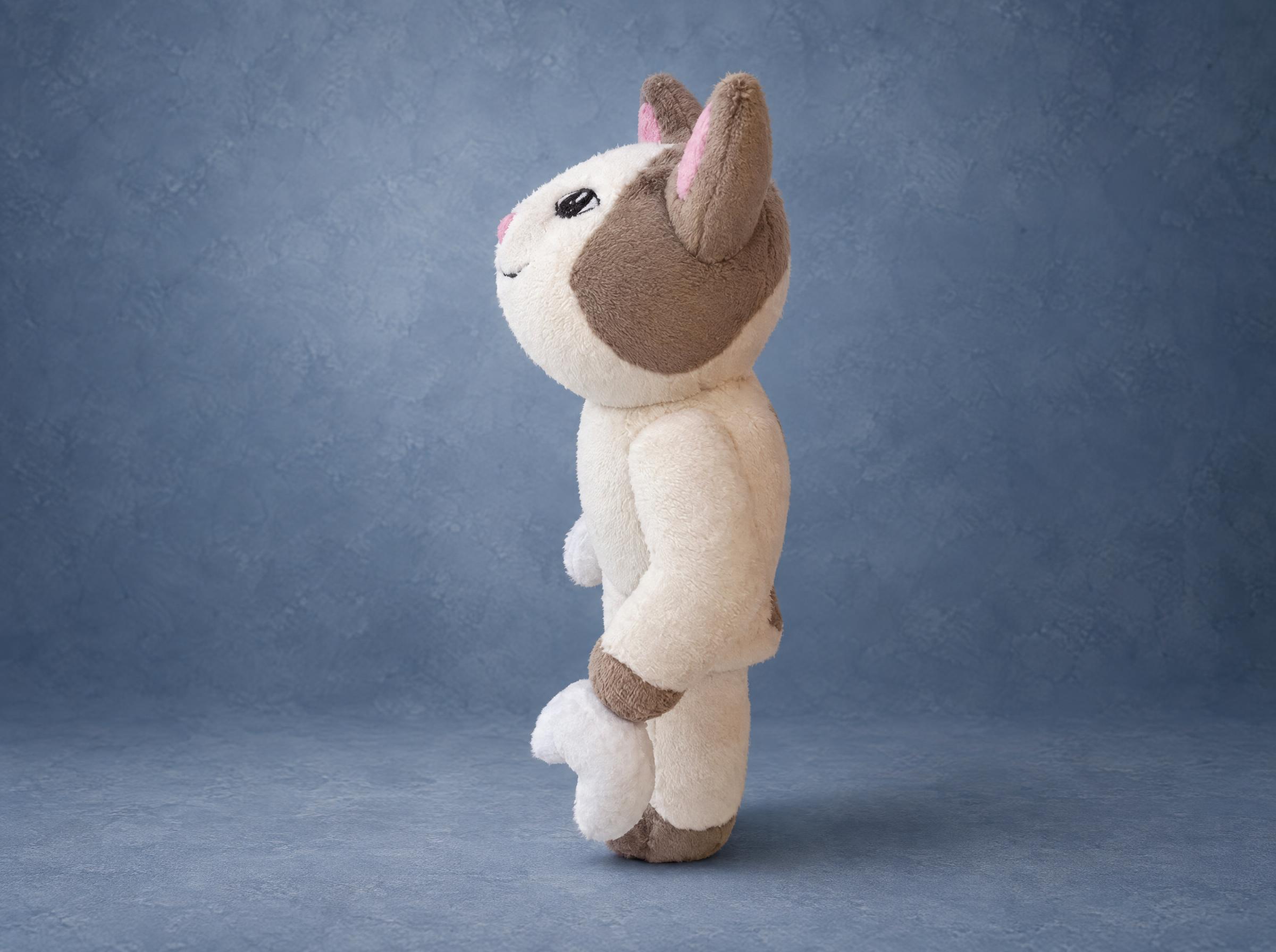 Roblox Cat Plush, Custom Avatar Handmade Roblox cat plush with taupe ears and a taupe head patch on a cream blocky body, a custom avatar toy