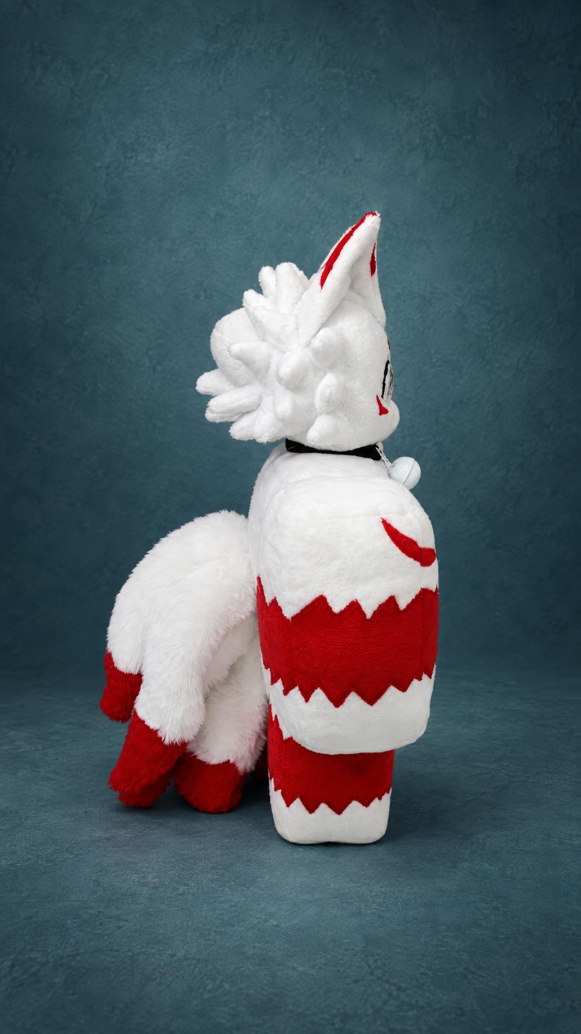 Custom Roblox fox plush in profile with a fluffy white and red tail and blocky legs, handmade to order