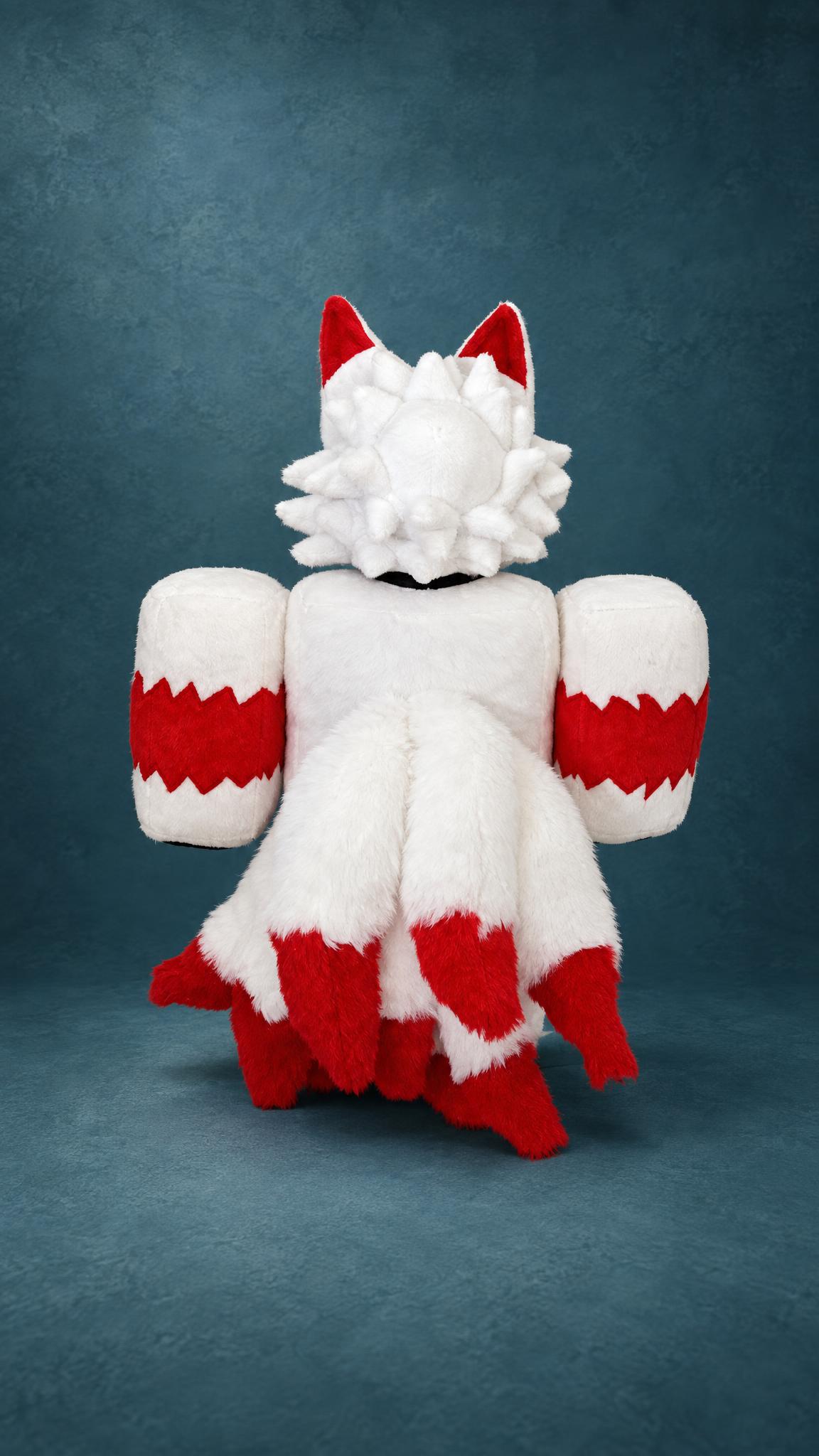 Roblox fox avatar plush with fluffy white tails tipped in red and a spiky white mane, a custom Roblox plush