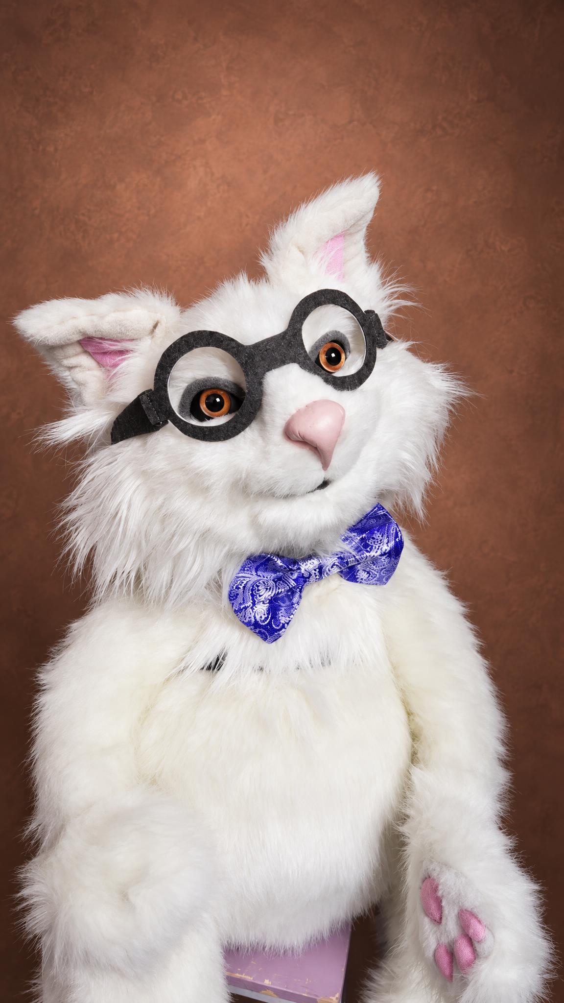 Big custom cat plush in glasses and a purple bow tie, long white faux fur, sewn by hand to order