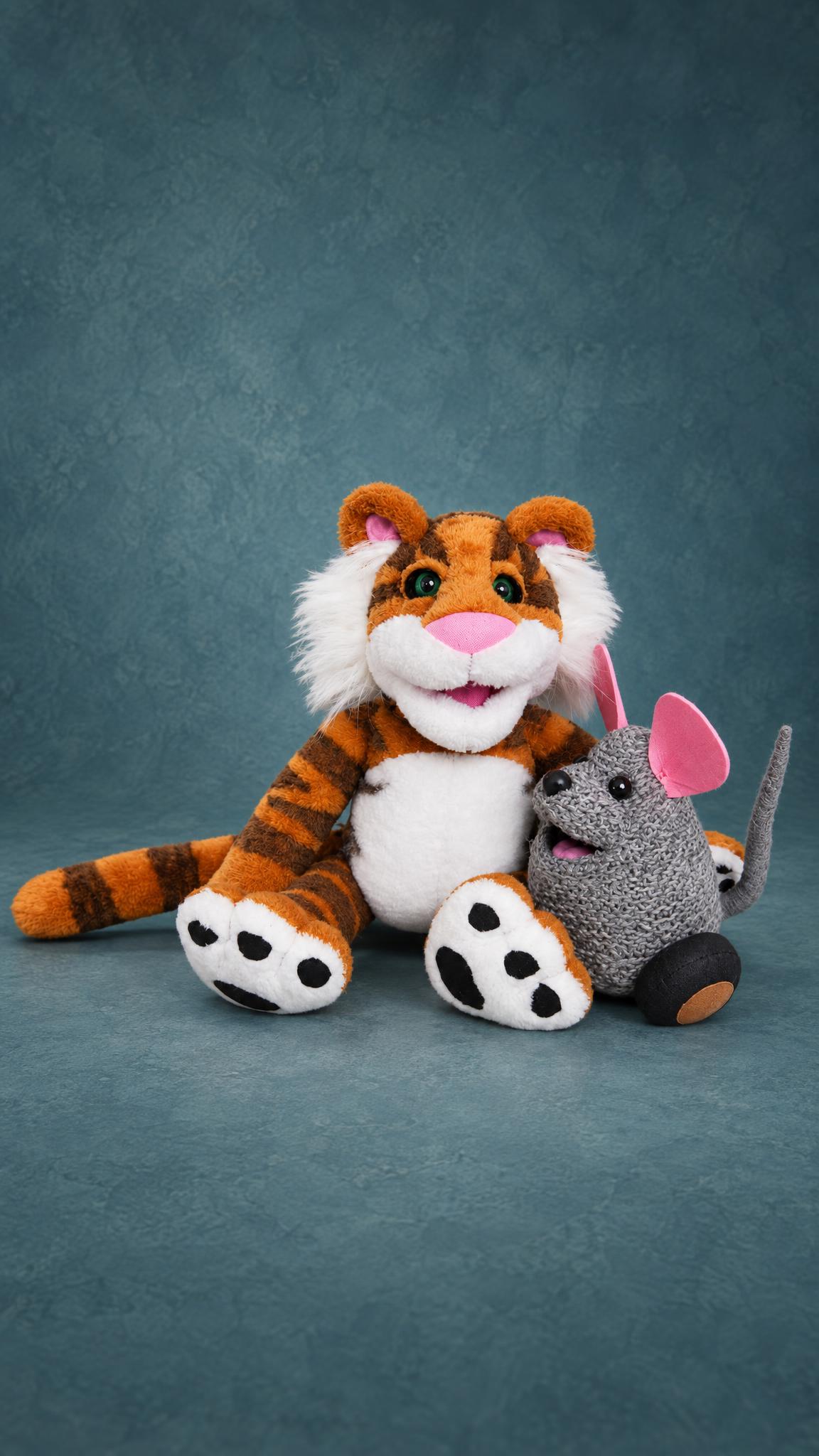 Rugby Tiger plush from The Christmas Toy with his friend Mew the mouse, both handmade to order