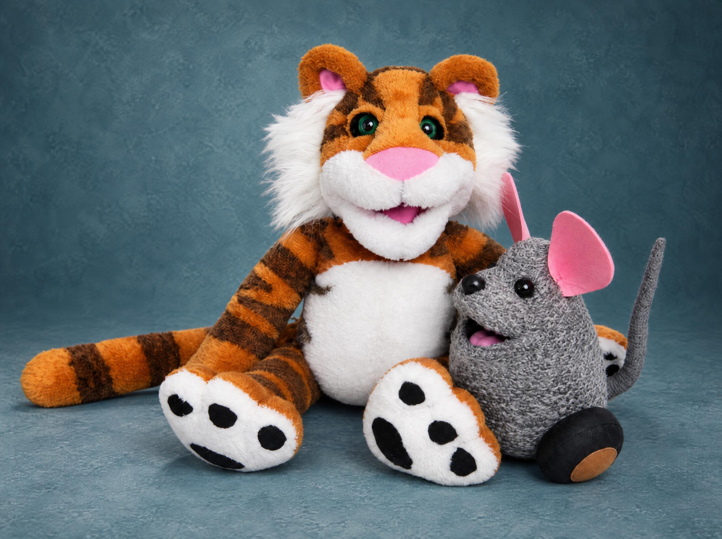Rugby Tiger plush from The Christmas Toy with his crocheted friend Mew, both handmade to order