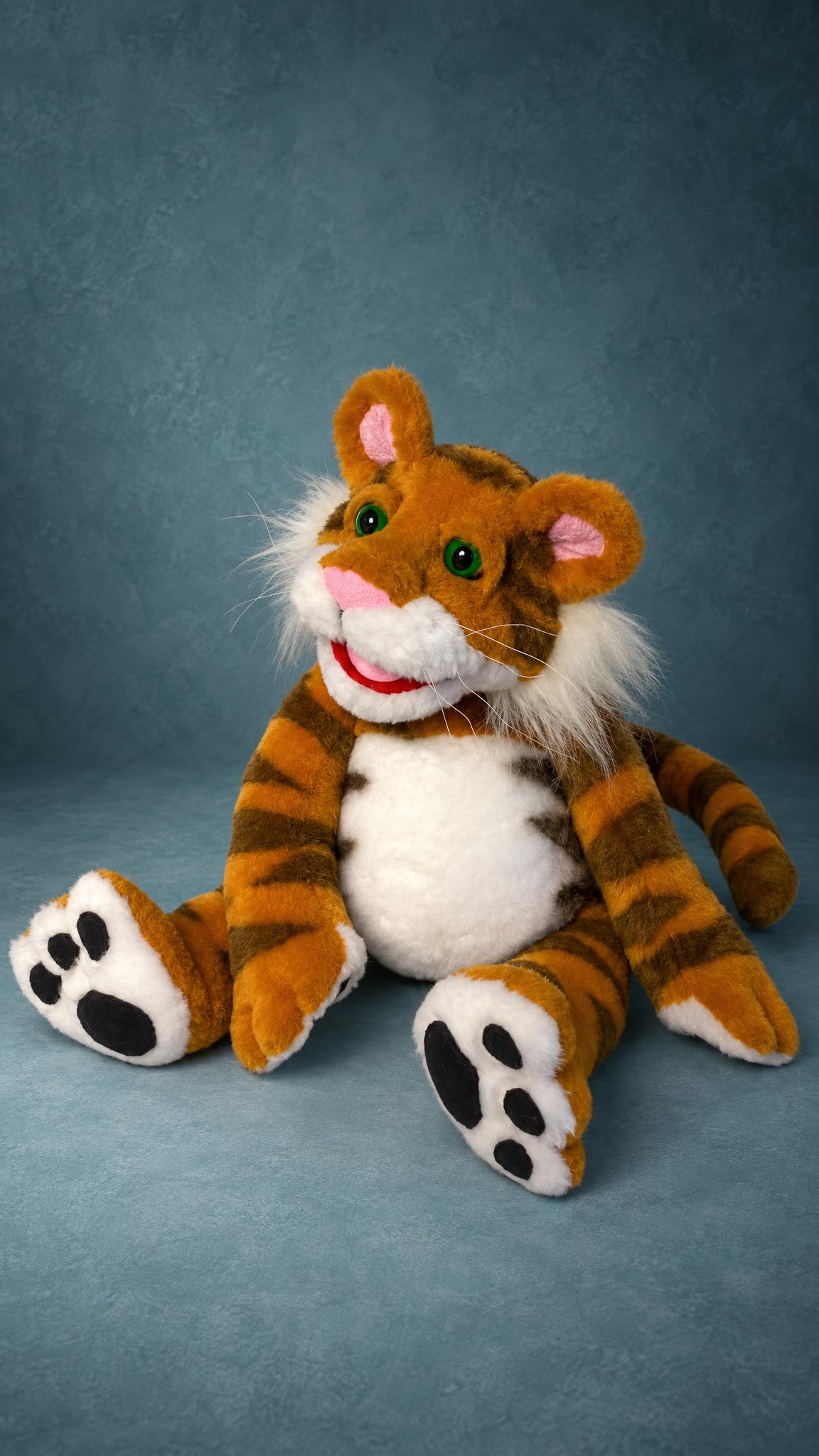 Rugby Tiger plush toy from Jim Henson's The Christmas Toy, handmade: golden fur, green eyes, long striped tail