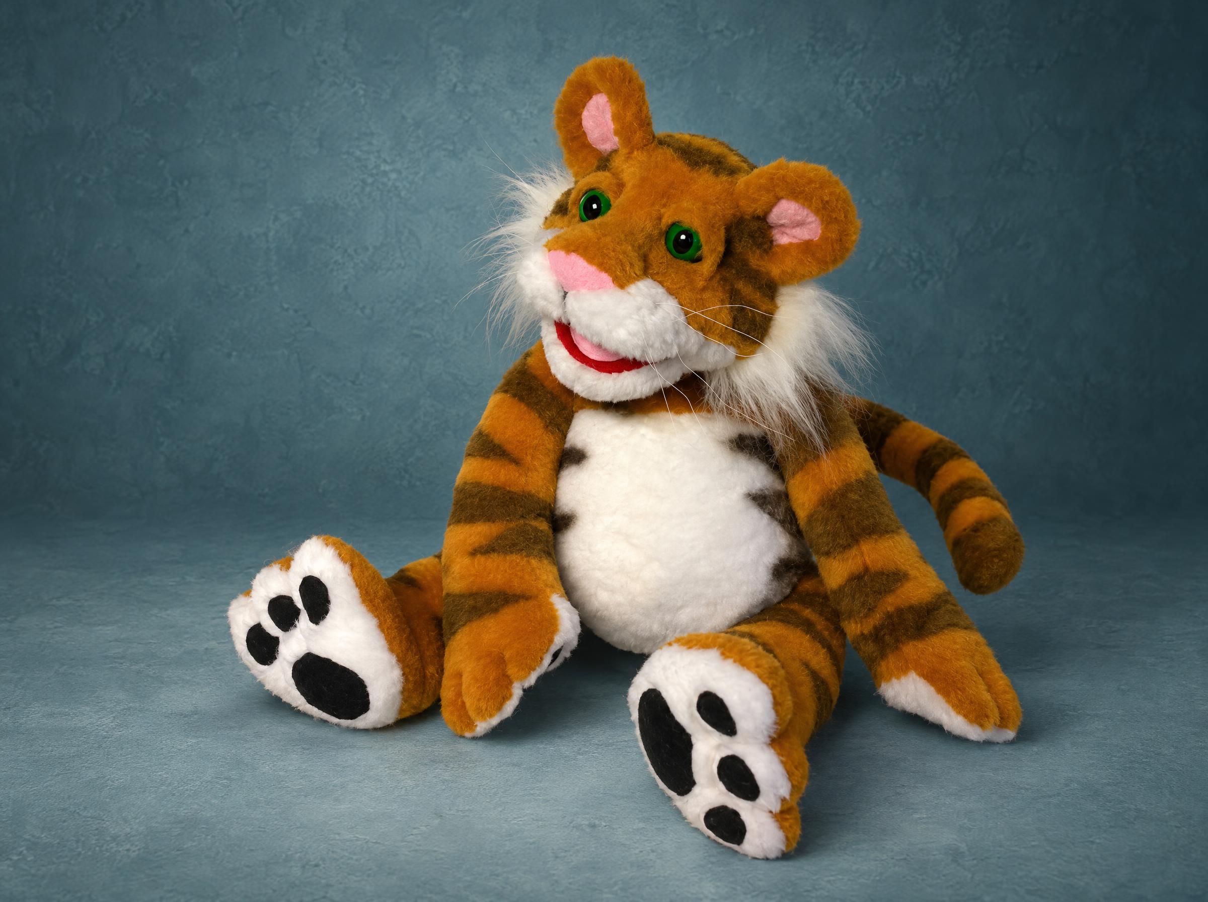 Rugby Tiger Plush Toy from Jim Henson’s The Christmas Toy Rugby Tiger plush toy from Jim Henson's The Christmas Toy, handmade: golden fur, green eyes, long striped tail