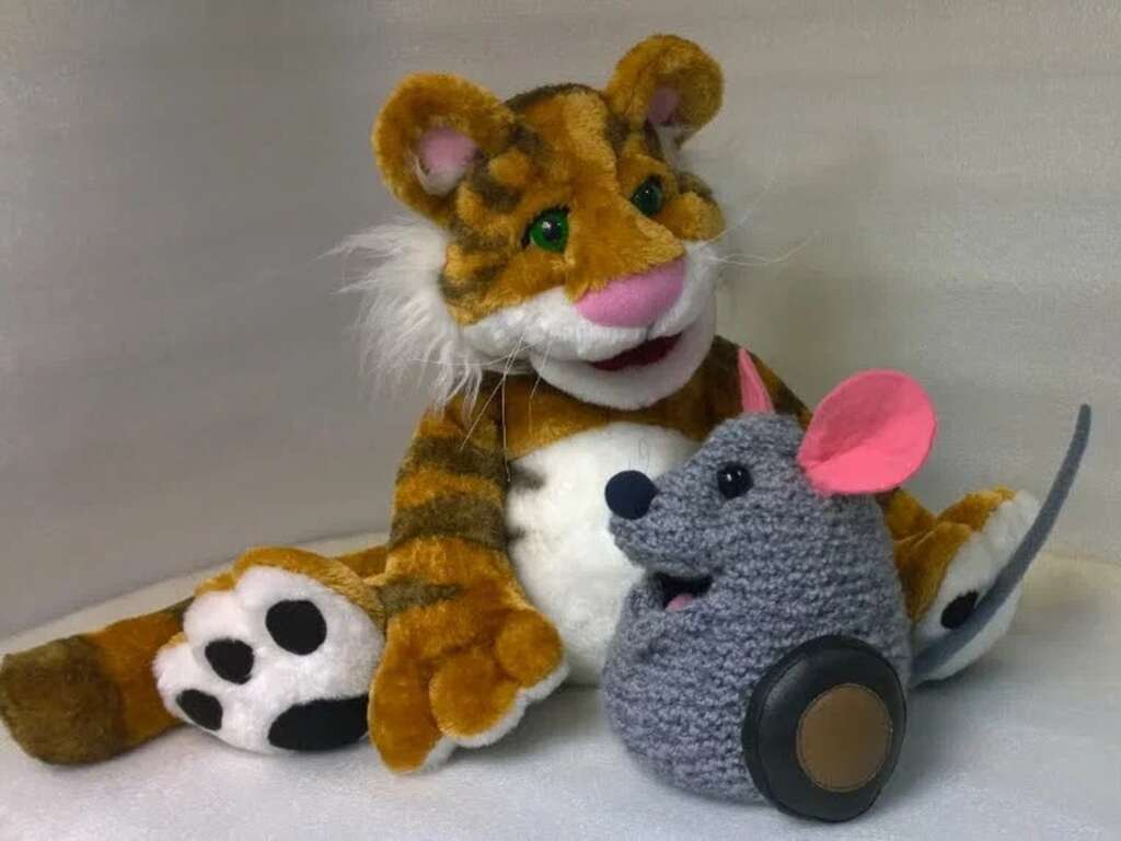 Rugby Tiger plush from The Christmas Toy hugging Mew, the grey mouse on a wheel, handmade to order