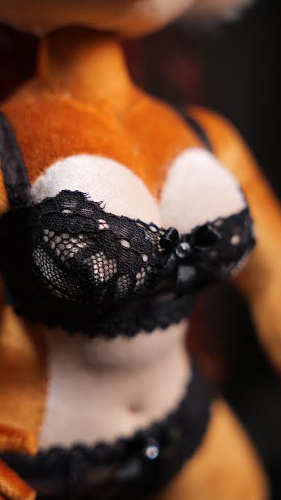 Custom Sally Acorn doll in a black lace bra, orange velvet fur and a cream chest, a handmade Sonic doll