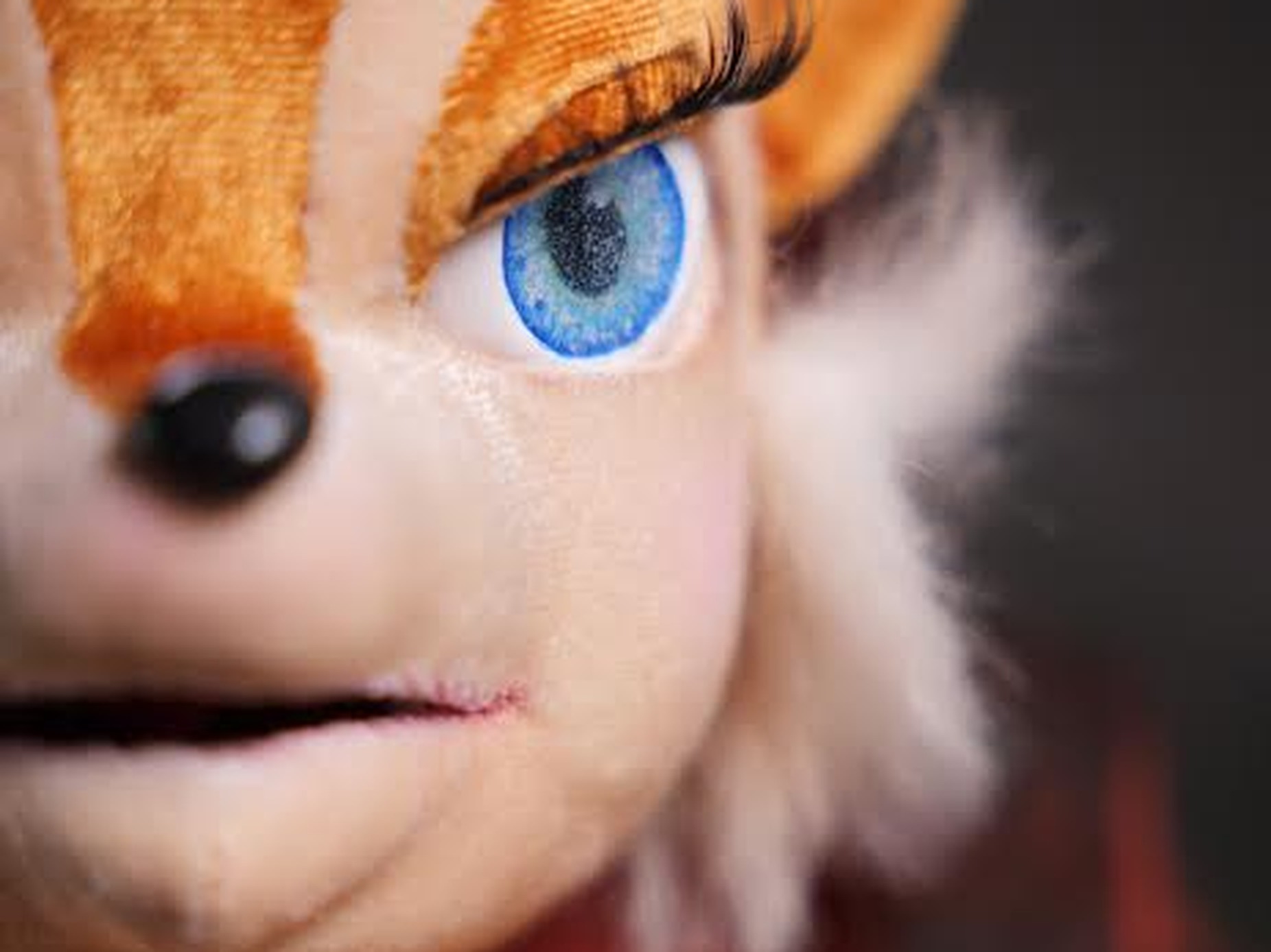 Sally Acorn Doll Face, Handmade Sally Acorn doll face with big blue eyes, long lashes and a black nose, a handmade Sonic collector doll