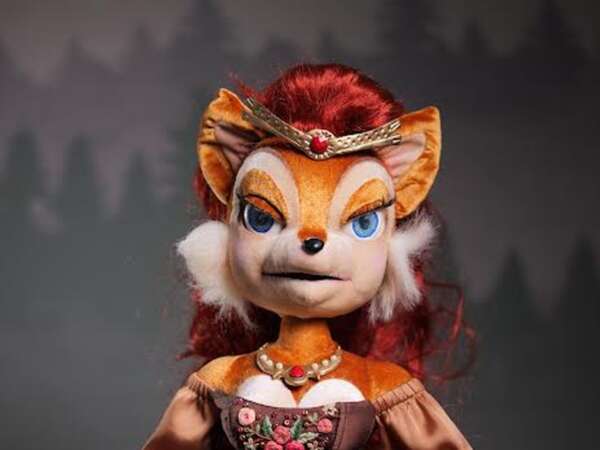 Handmade Sally Acorn doll in a long brown satin gown with a rose-embroidered bodice, a custom Sonic plush
