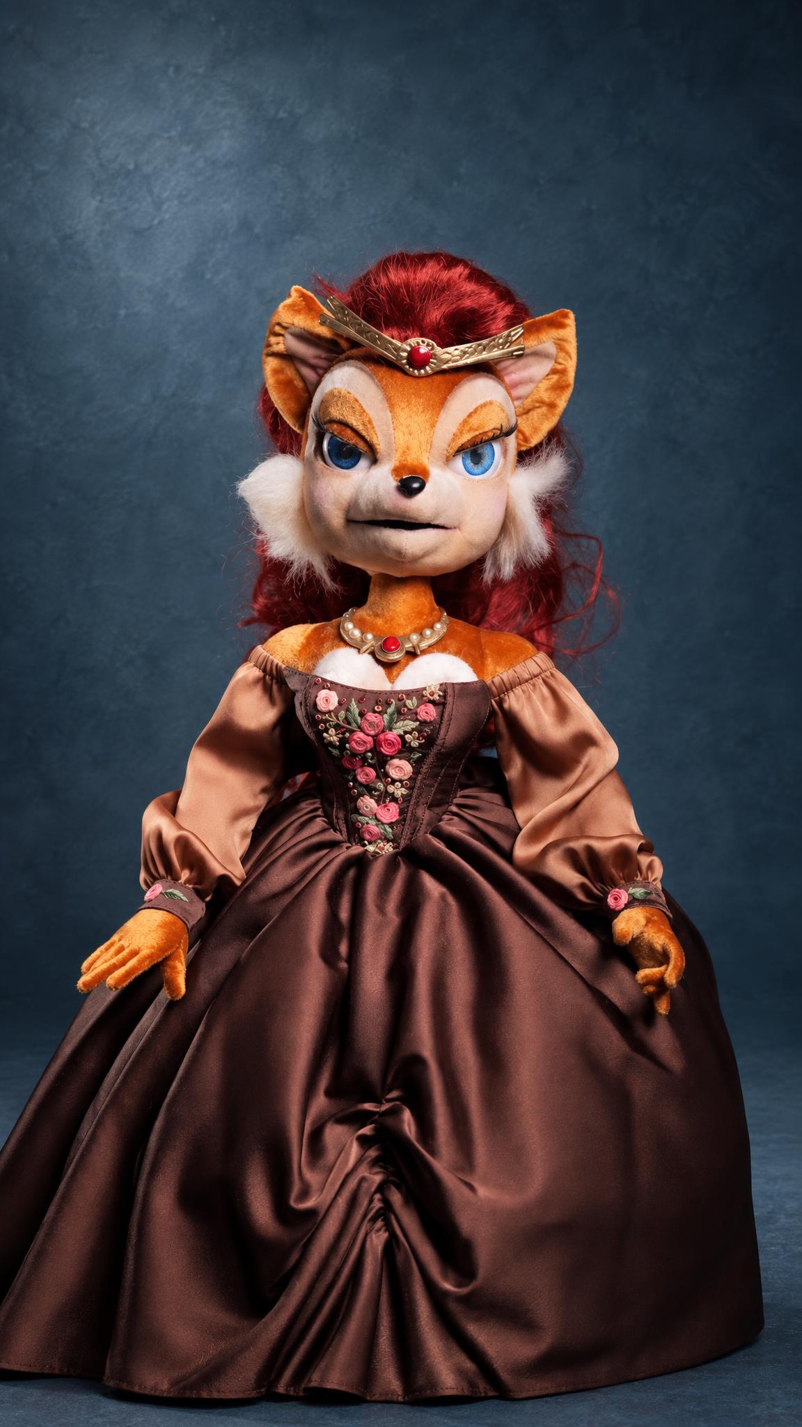 Sally Acorn Doll in a Satin Gown Handmade Sally Acorn doll in a long brown satin gown with a rose-embroidered bodice, a custom Sonic plush